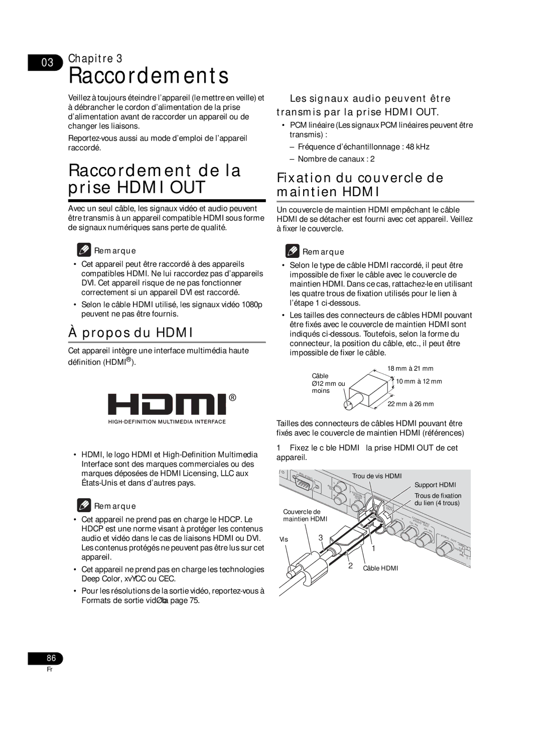 Pioneer HD-V9000 manual Raccordement de la prise Hdmi OUT, Propos du Hdmi, Fixation du couvercle de maintien Hdmi 