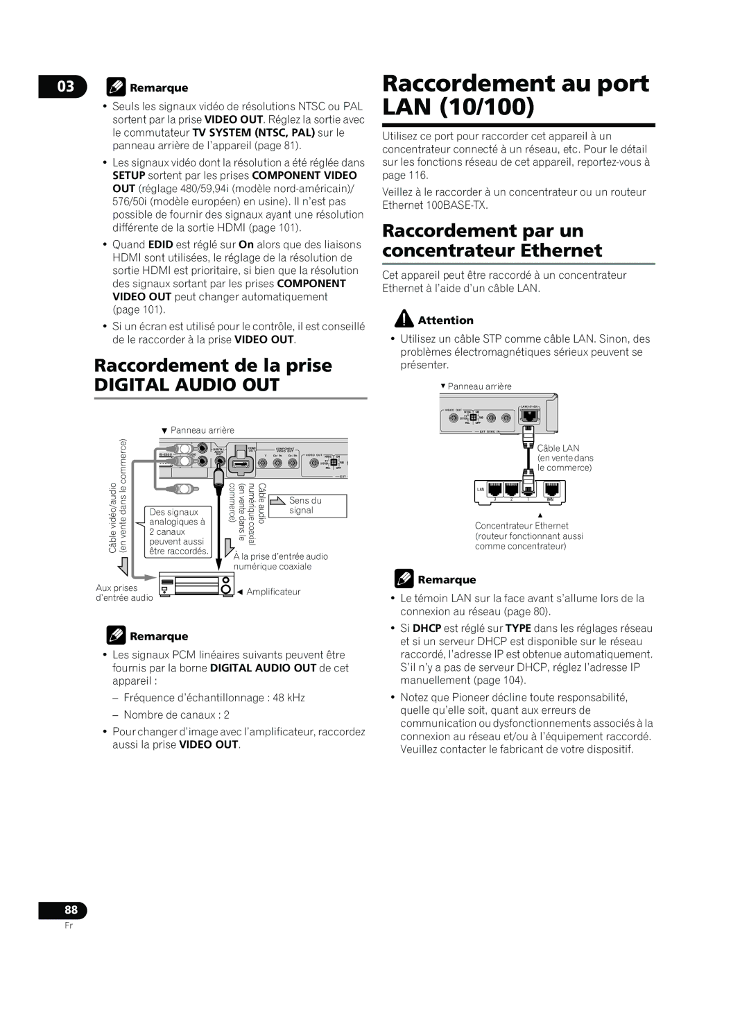 Pioneer HD-V9000 Raccordement au port LAN 10/100, Raccordement de la prise, Raccordement par un concentrateur Ethernet 