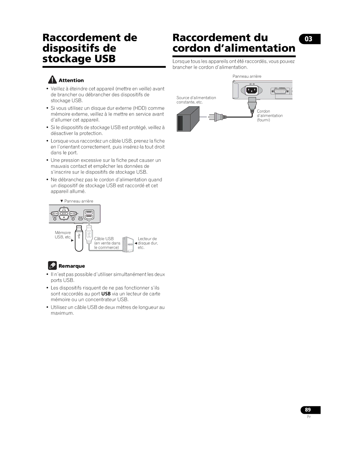 Pioneer HD-V9000 manual Raccordement de dispositifs de stockage USB, Raccordement du Cordon d’alimentation 