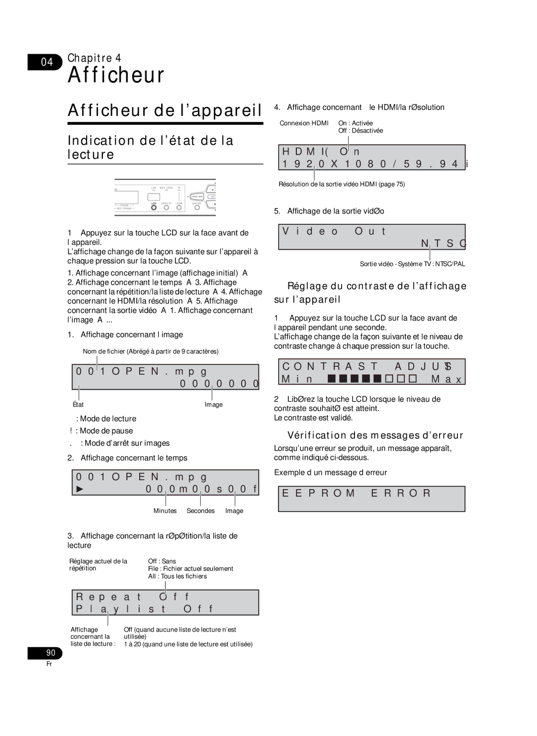 Pioneer HD-V9000 manual Afficheur de l’appareil, Indication de l’état de la lecture,  Vérification des messages d’erreur 