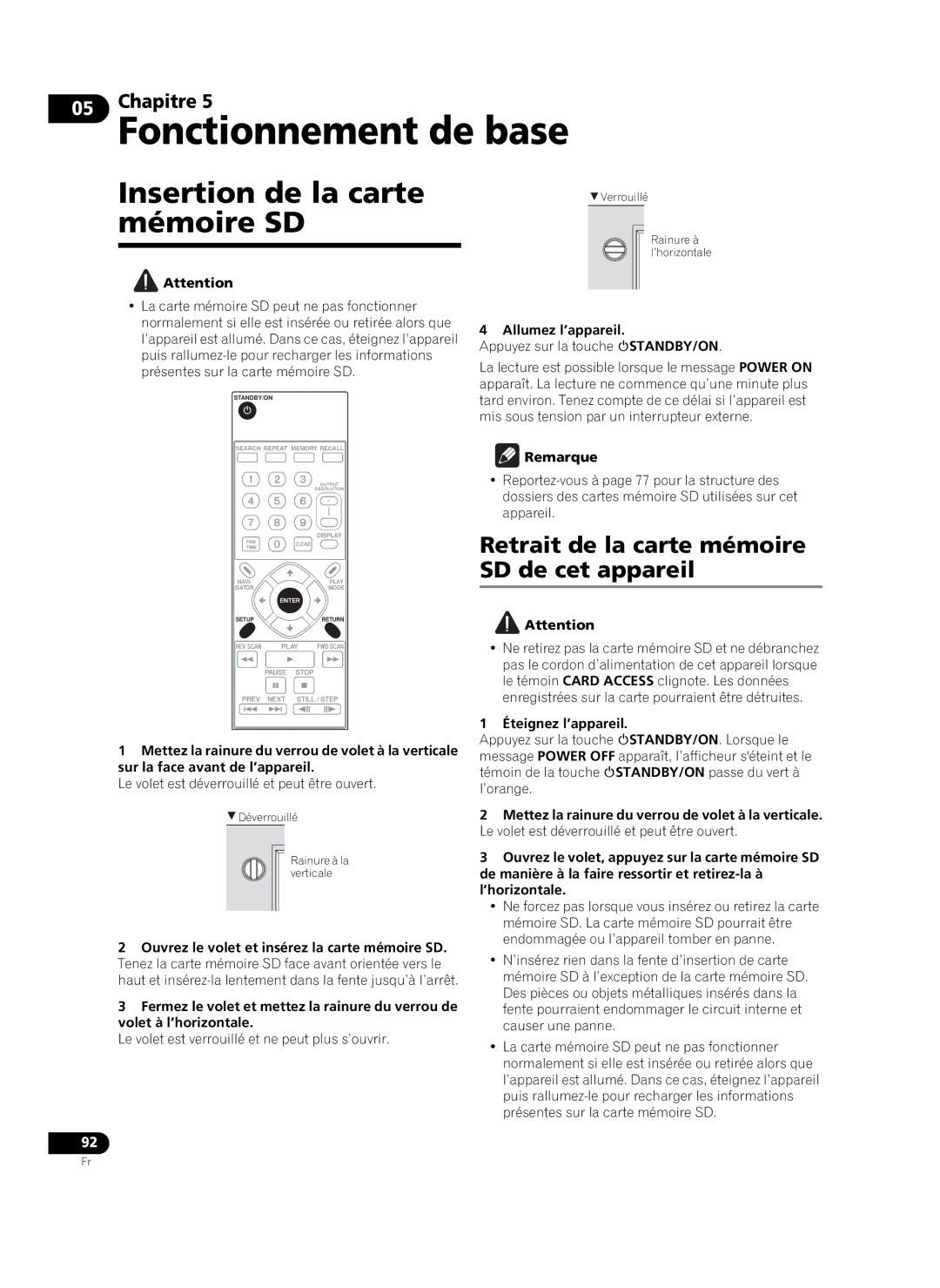 Pioneer HD-V9000 Fonctionnement de base, Insertion de la carte mémoire SD, Retrait de la carte mémoire SD de cet appareil 