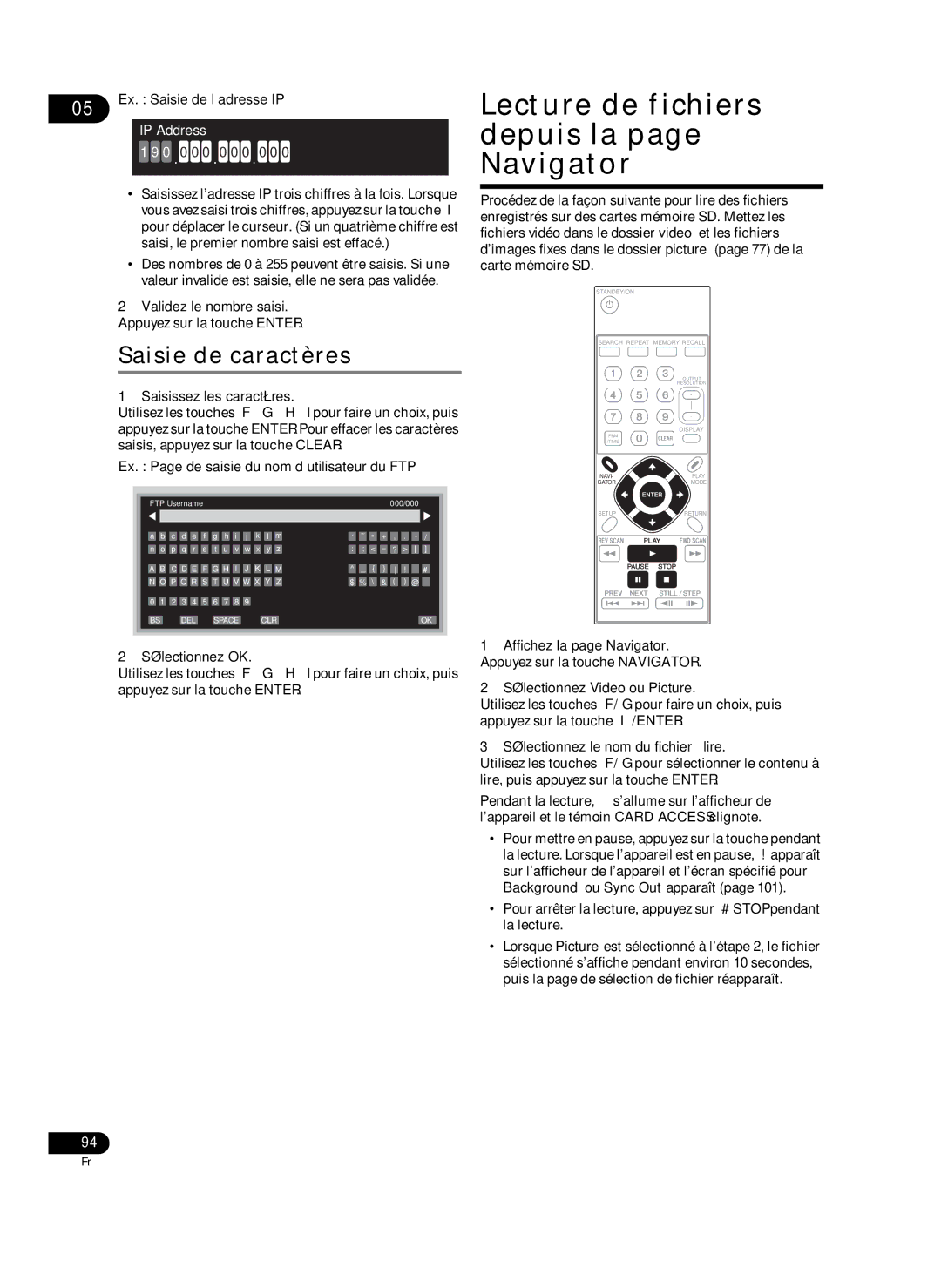 Pioneer HD-V9000 manual Lecture de fichiers depuis la page Navigator, Saisie de caractères 