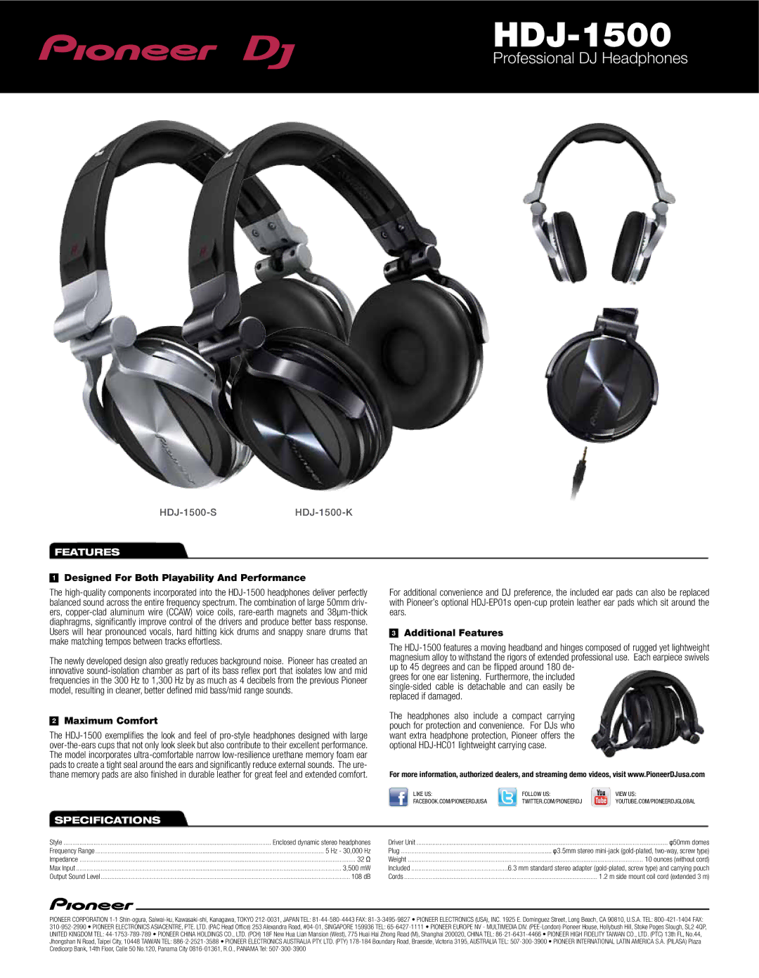 Pioneer HDJ-1500-K, HDJ-1500-S Features, Designed For Both Playability And Performance, Maximum Comfort, Specifications 