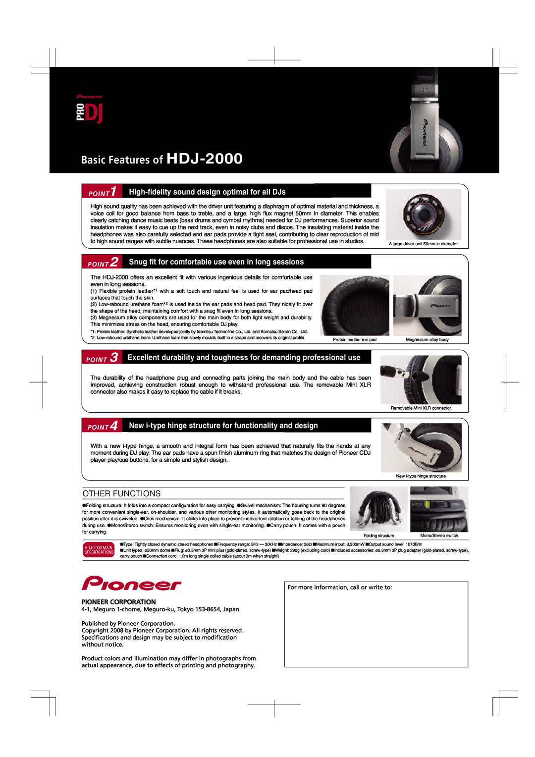 Pioneer manual Basic Features of HDJ-2000, High-fidelitysound design optimal for all DJs, Other Functions, POINT1, Point 