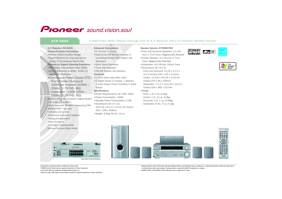 Pioneer HTP-2800 specifications H T P, Continuous Power Output FTC, Front/Center/Surround, A/V Receiver SX-316-S 