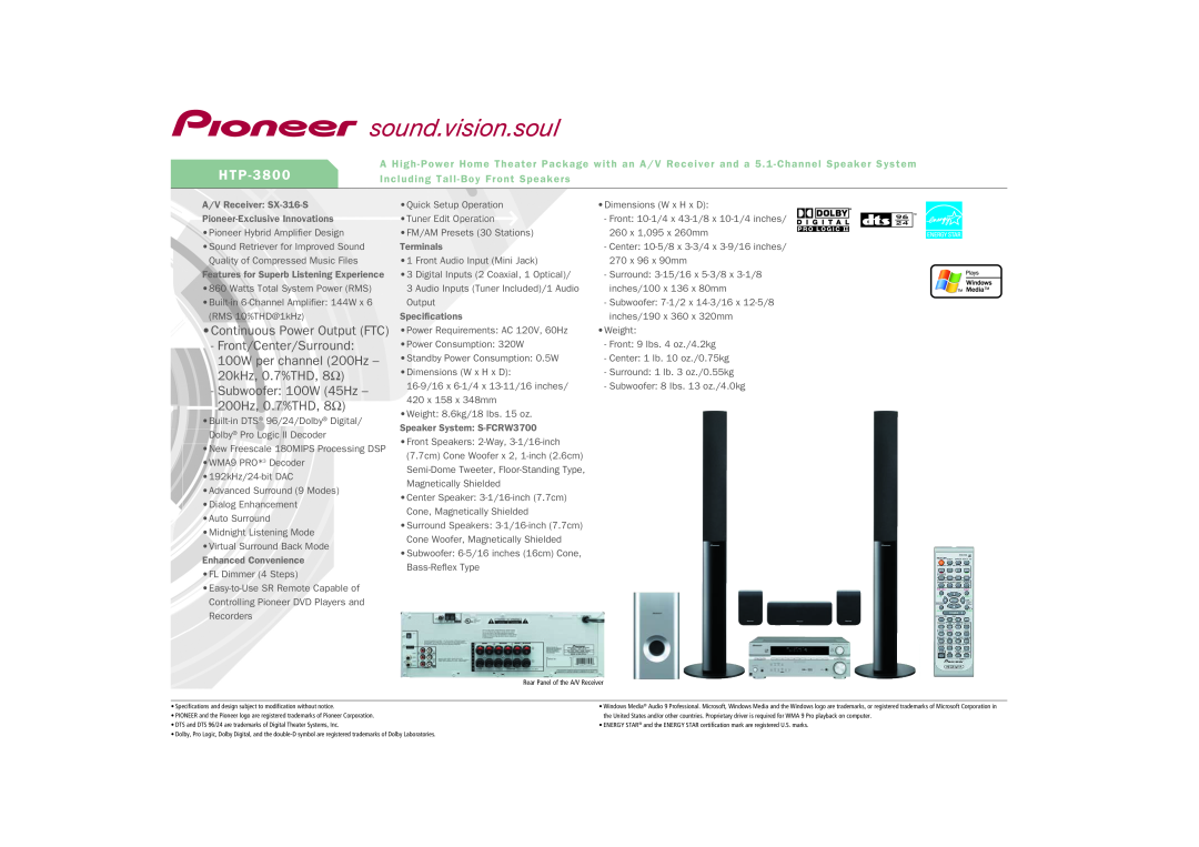 Pioneer HTP-3800 specifications H T P, Continuous Power Output FTC, Front/Center/Surround, A/V Receiver SX-316-S 