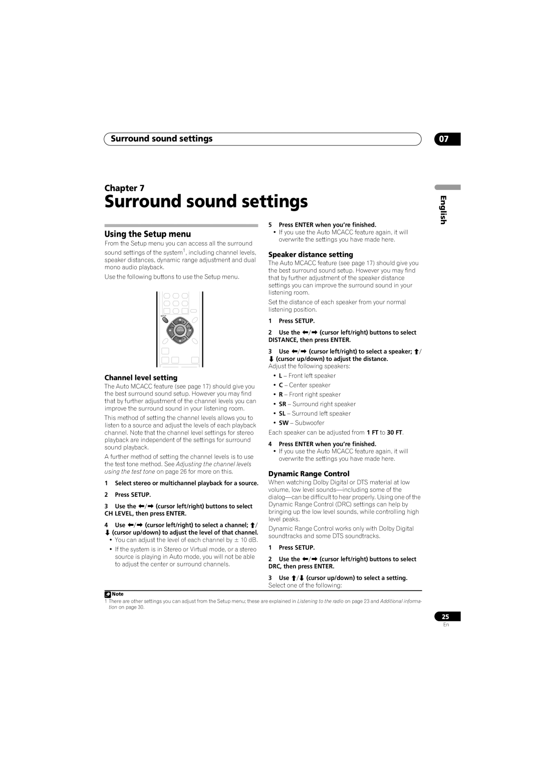 Pioneer SX-SW260, HTS-260 Surround sound settings Chapter, Using the Setup menu, Speaker distance setting, English 