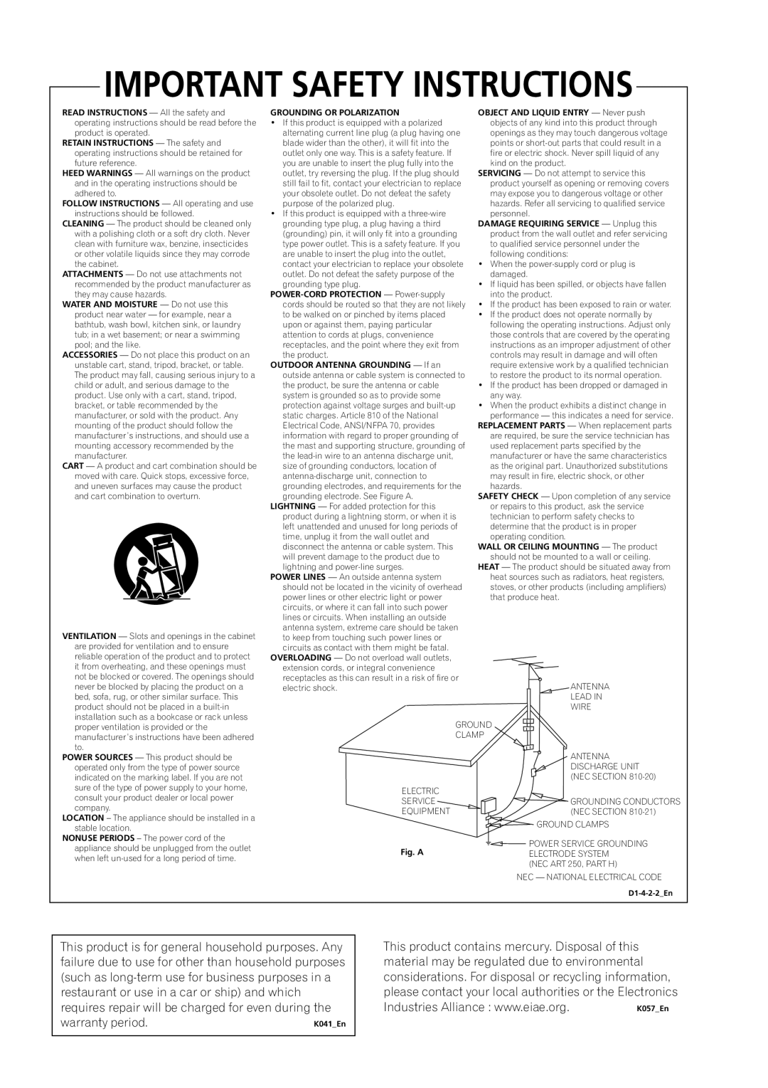 Pioneer SX-SW260, HTS-260 operating instructions Grounding Conductors 