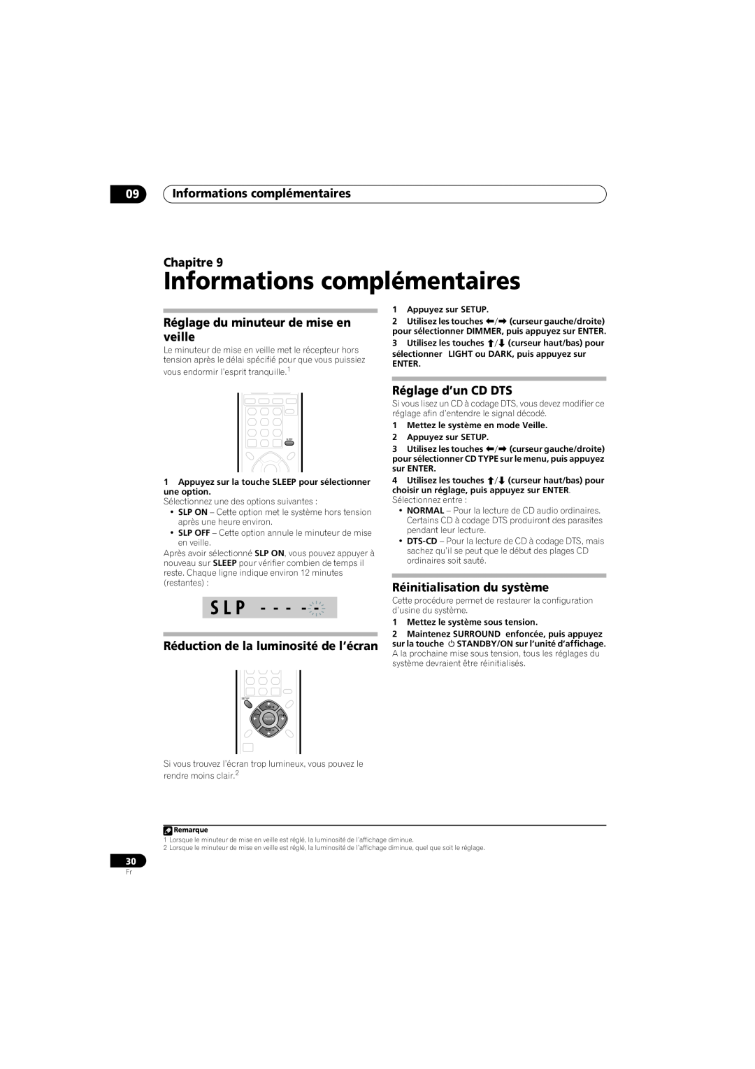 Pioneer HTS-260 09Informations complémentaires Chapitre, Réglage du minuteur de mise en veille, Réglage d’un CD DTS 