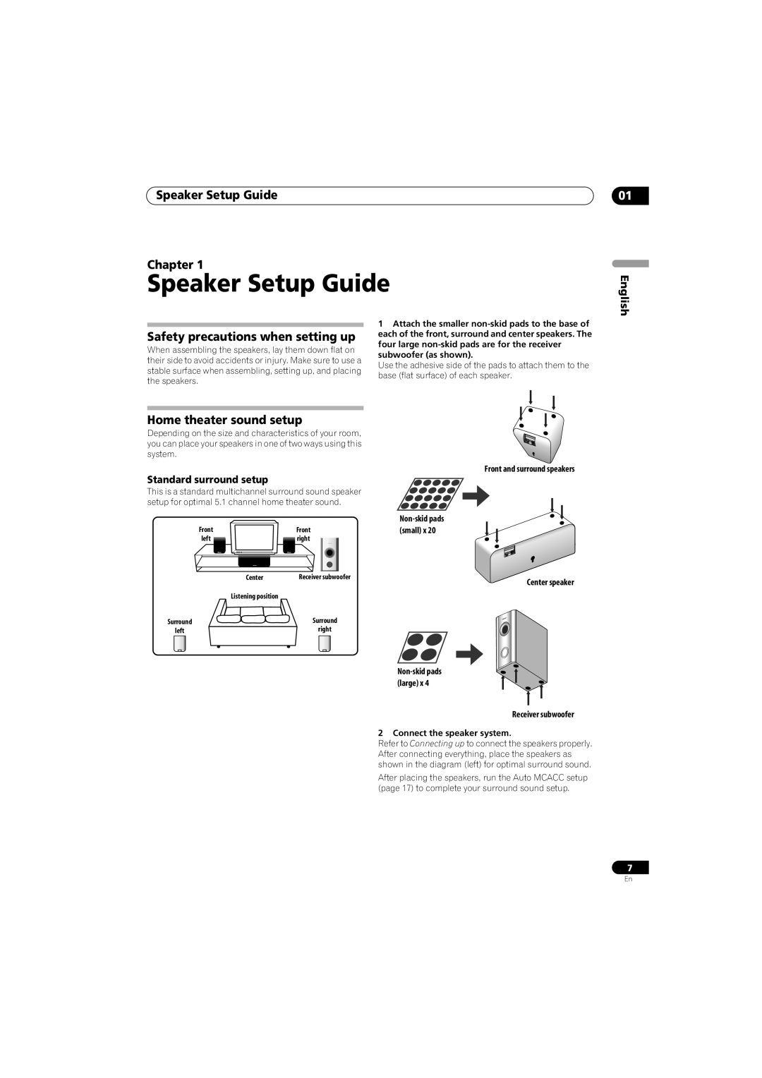 Pioneer SX-SW260 Speaker Setup Guide Chapter, Safety precautions when setting up, Home theater sound setup, English 
