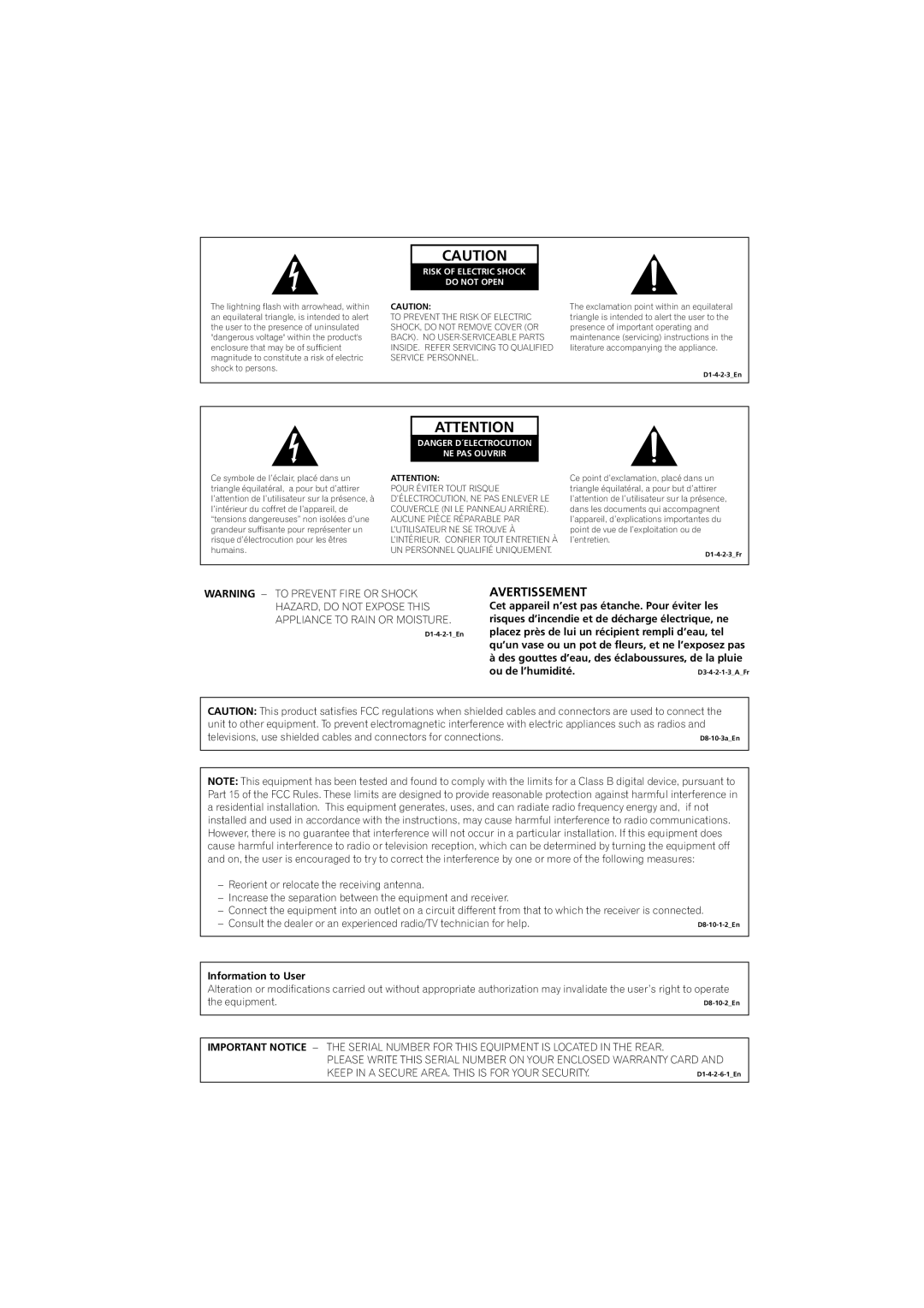 Pioneer HTS-570, SX-SW570 operating instructions Information to User, Risk of Electric Shock Do not Open 