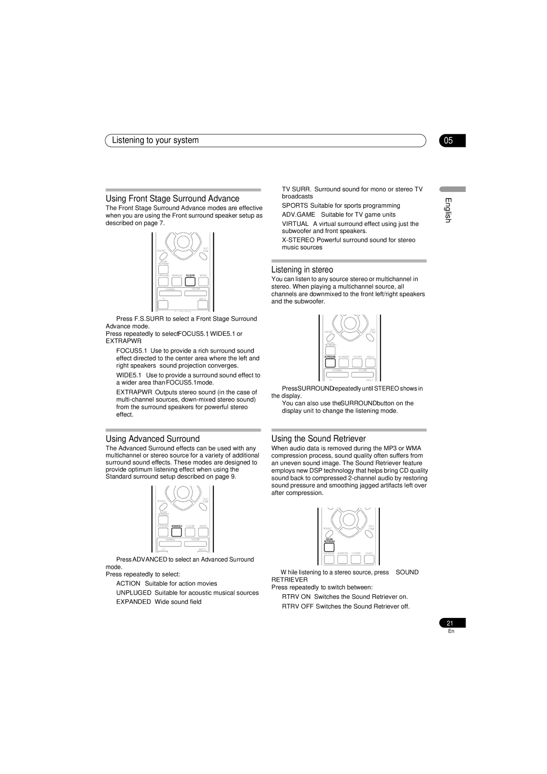 Pioneer SX-SW570 Listening to your system Using Front Stage Surround Advance, Listening in stereo, Using Advanced Surround 