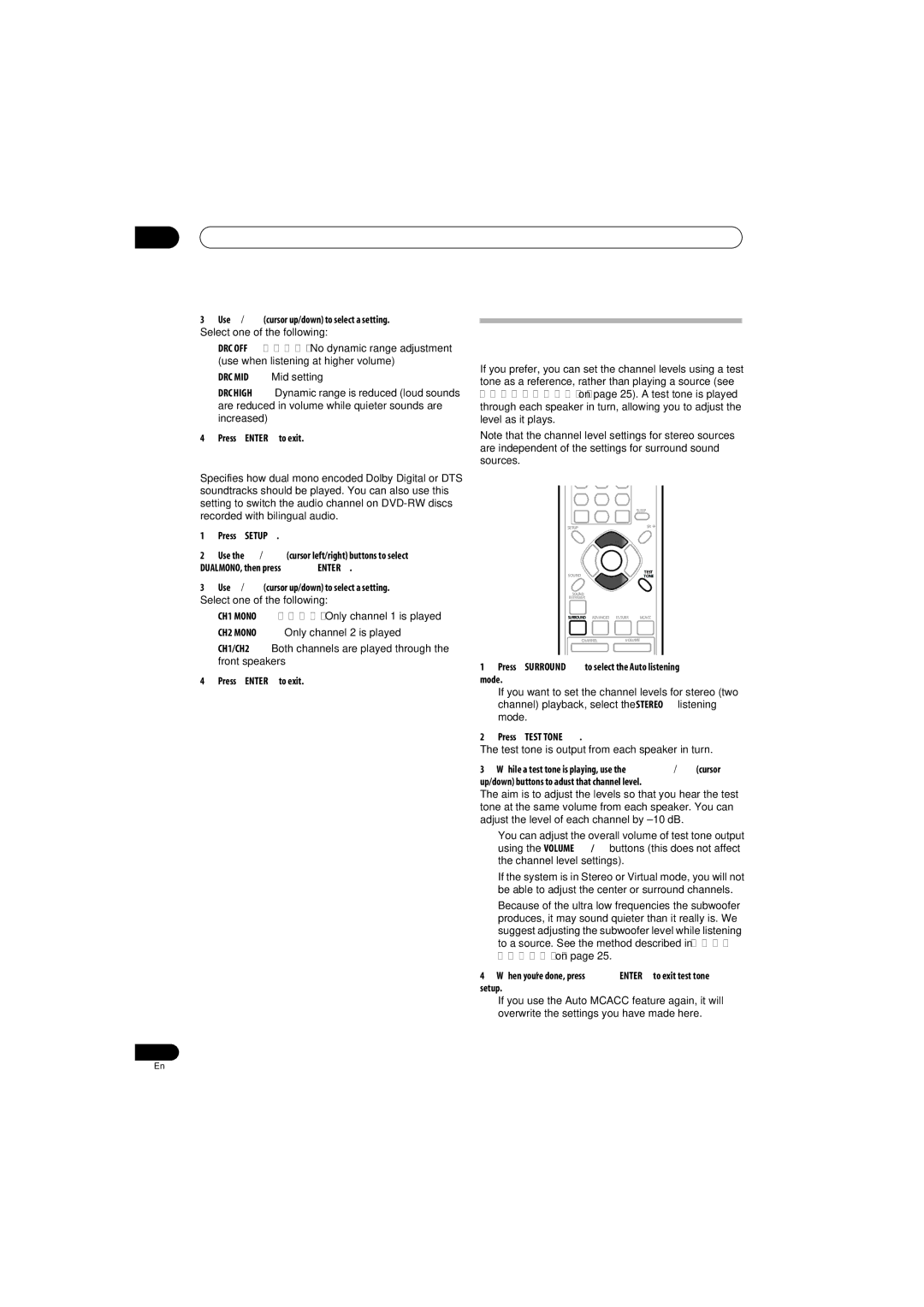 Pioneer HTS-570, SX-SW570 Surround sound settings, Adjusting the channel levels using the test tone, Dual mono setting 