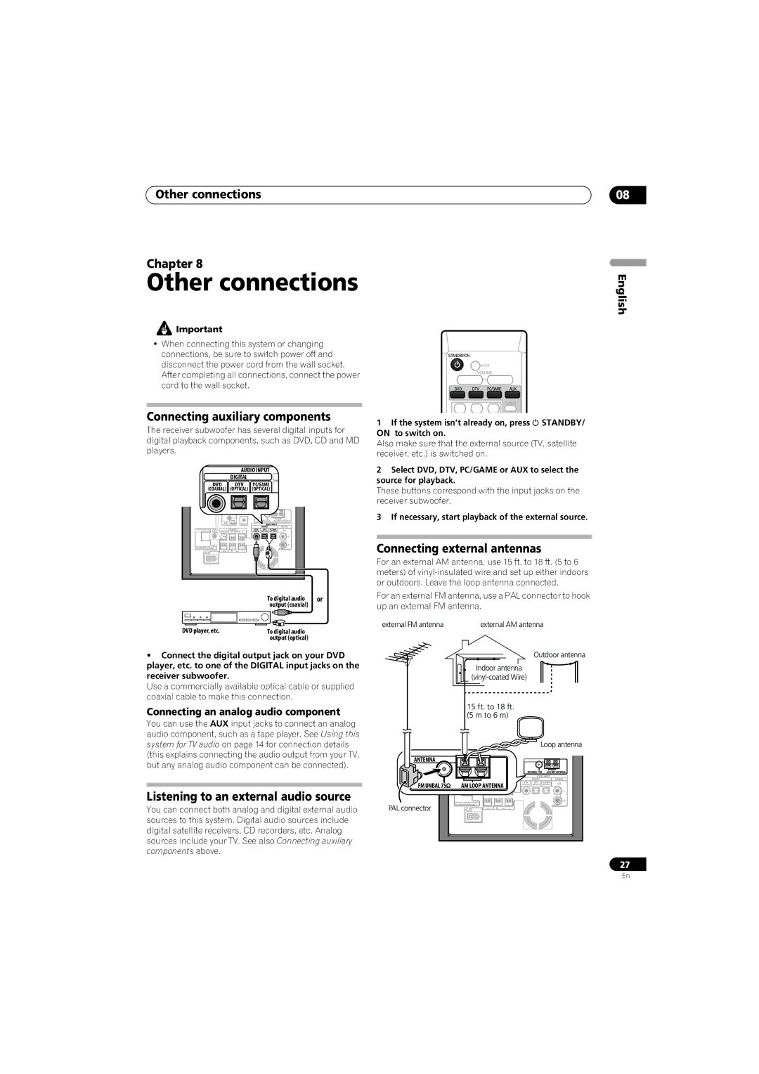 Pioneer SX-SW570 Other connections Chapter, Connecting auxiliary components, Listening to an external audio source 