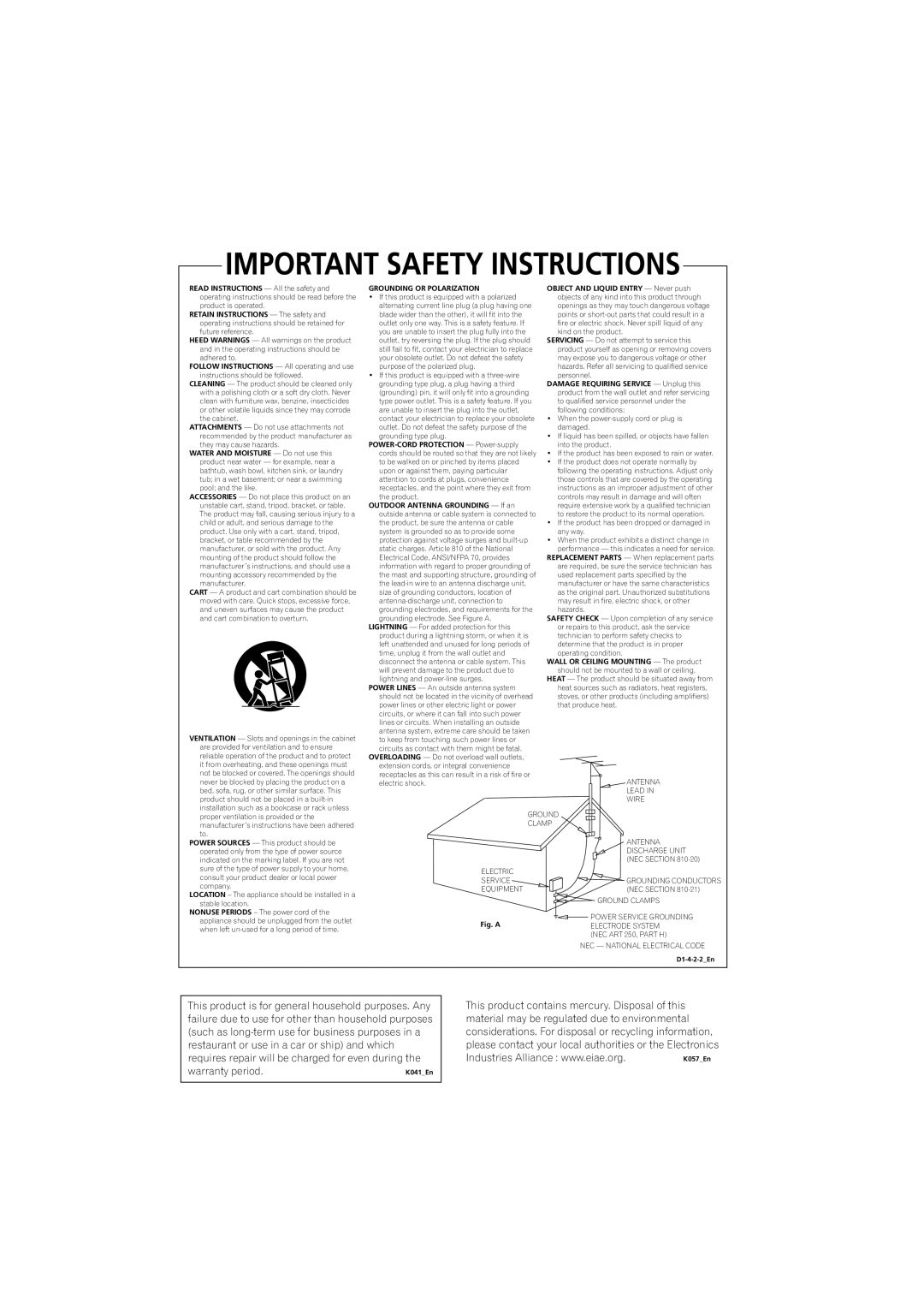 Pioneer SX-SW570, HTS-570 operating instructions Grounding or Polarization 