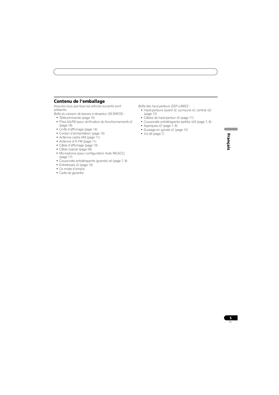 Pioneer SX-SW570, HTS-570 Contenu de l’emballage, Français, Assurez-vous que tous les articles suivants sont présents 