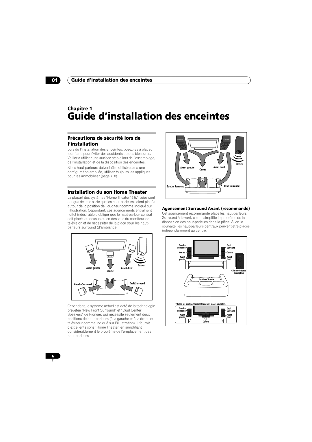 Pioneer HTS-570, SX-SW570 Guide d’installation des enceintes Chapitre, Précautions de sécurité lors de l’installation 