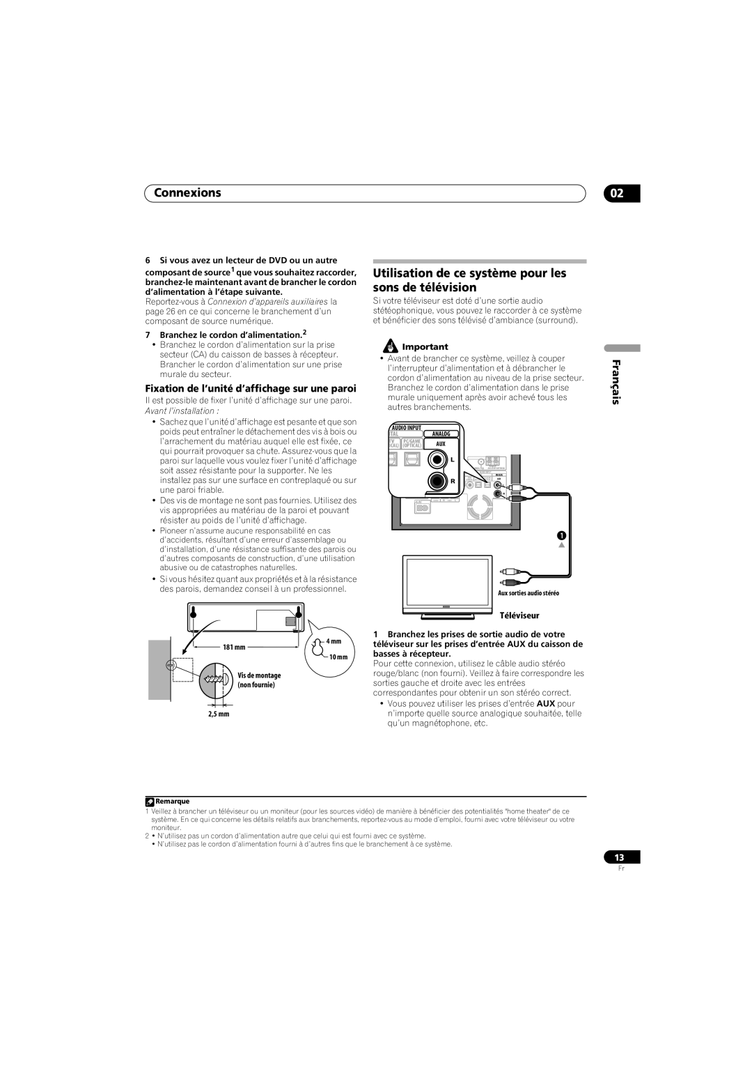 Pioneer SX-SW570 Utilisation de ce système pour les sons de télévision, Fixation de l’unité d’affichage sur une paroi 