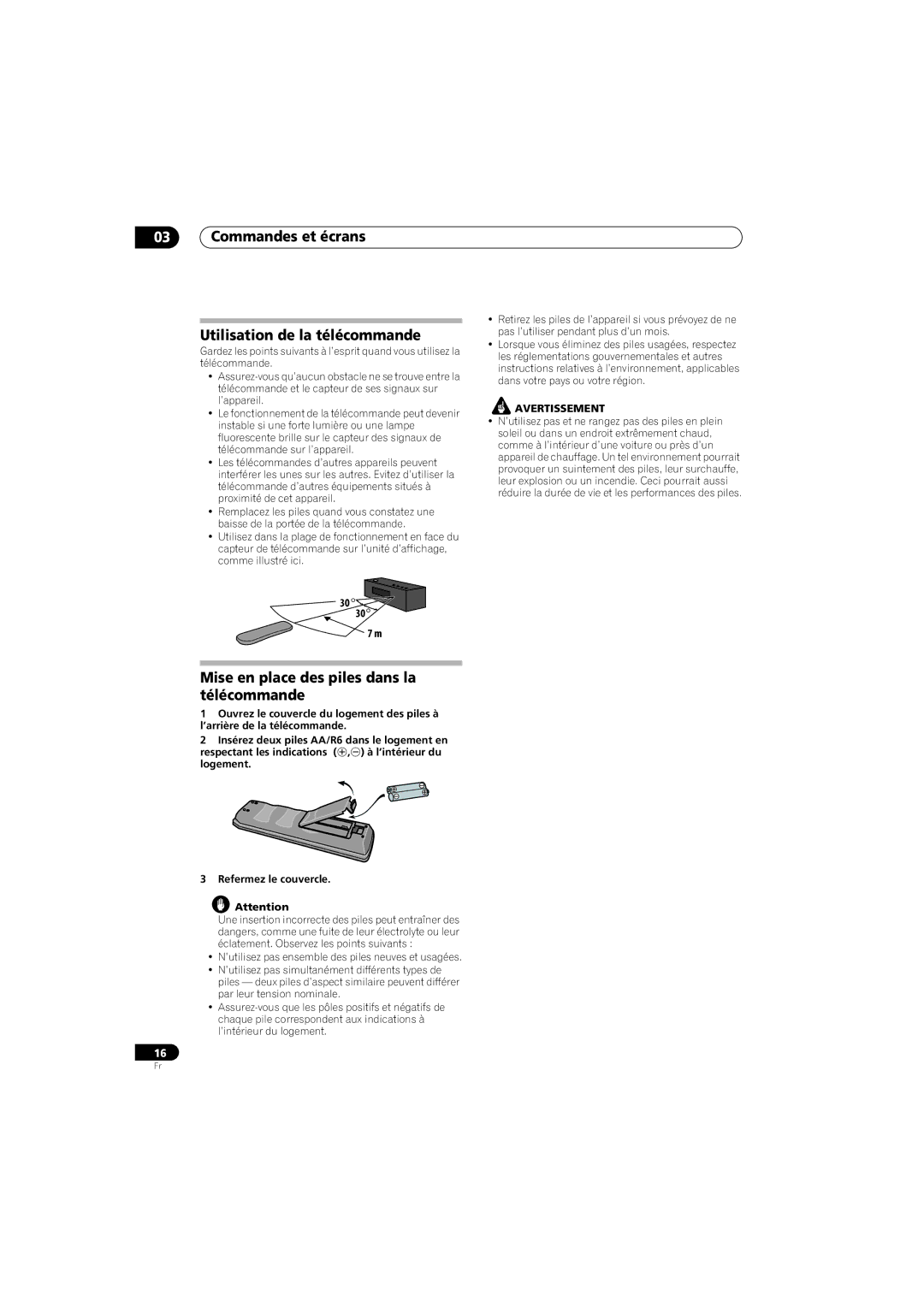 Pioneer HTS-570, SX-SW570 Commandes et écrans Utilisation de la télécommande, Mise en place des piles dans la télécommande 