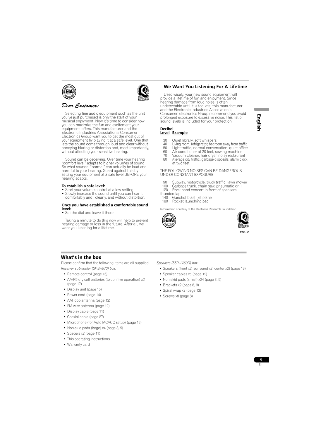 Pioneer SX-SW570, HTS-570 What’s in the box, English, To establish a safe level, Decibel Level Example 