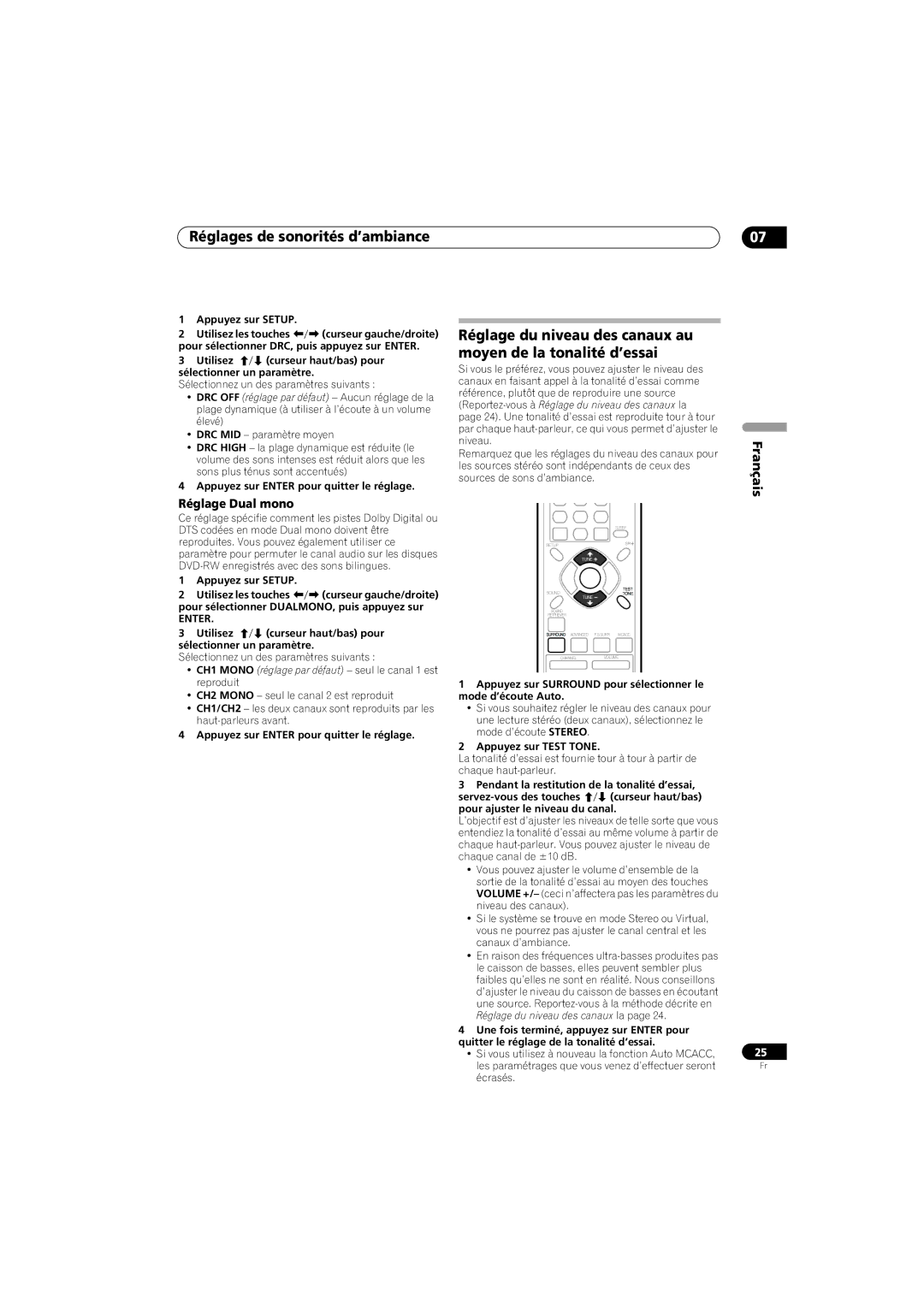 Pioneer SX-SW570, HTS-570 operating instructions Réglages de sonorités d’ambiance, Réglage Dual mono 