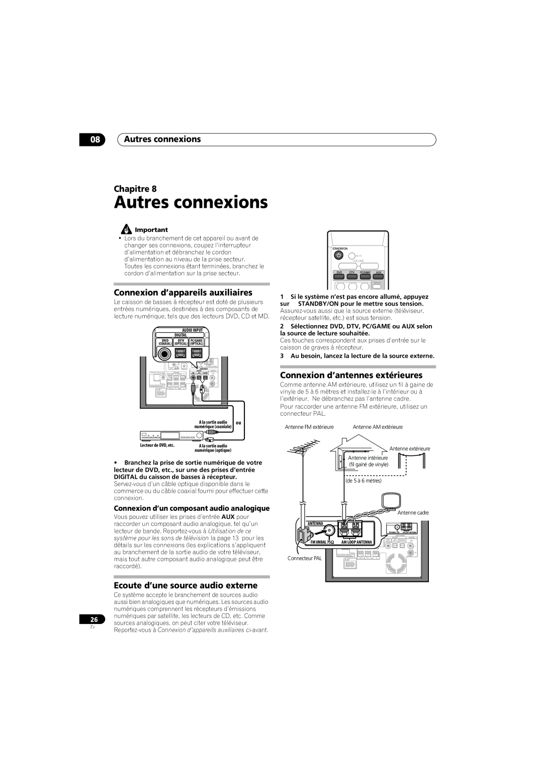 Pioneer HTS-570 Autres connexions Chapitre, Connexion d’appareils auxiliaires, Ecoute d’une source audio externe 