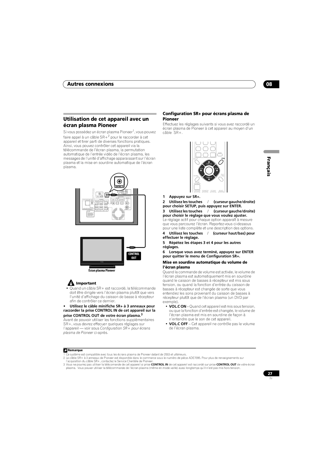 Pioneer SX-SW570 Configuration SR+ pour écrans plasma de Pioneer, Mise en sourdine automatique du volume de l’écran plasma 