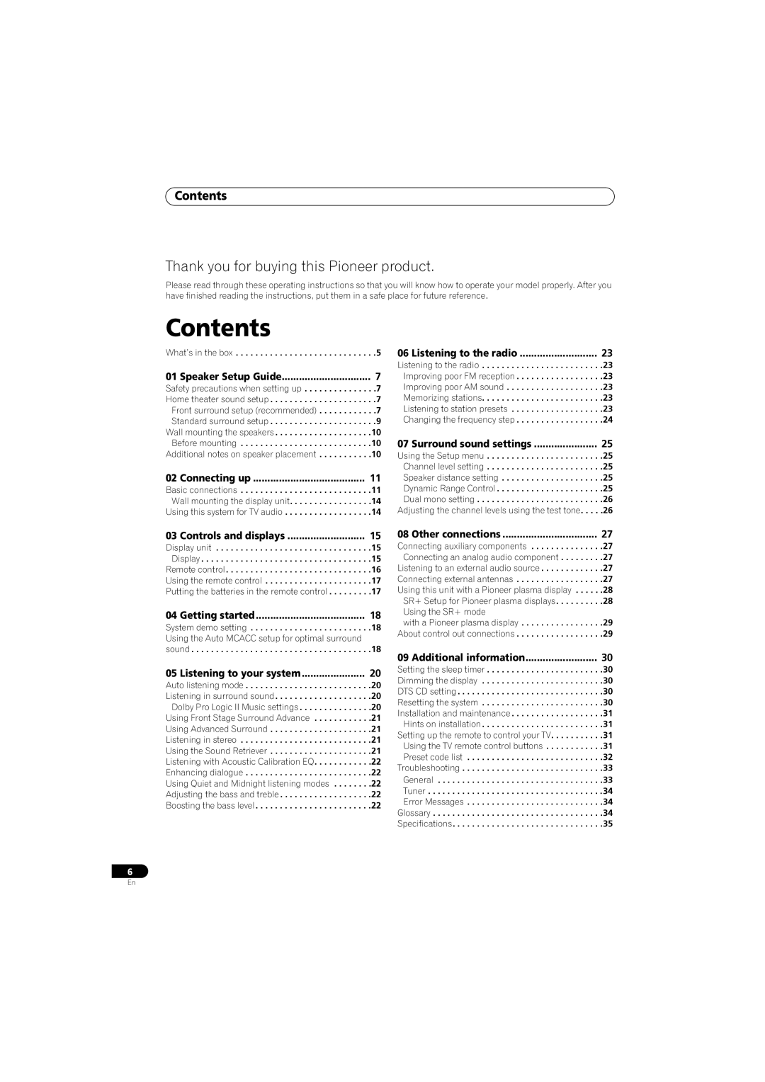 Pioneer HTS-570, SX-SW570 operating instructions Contents 