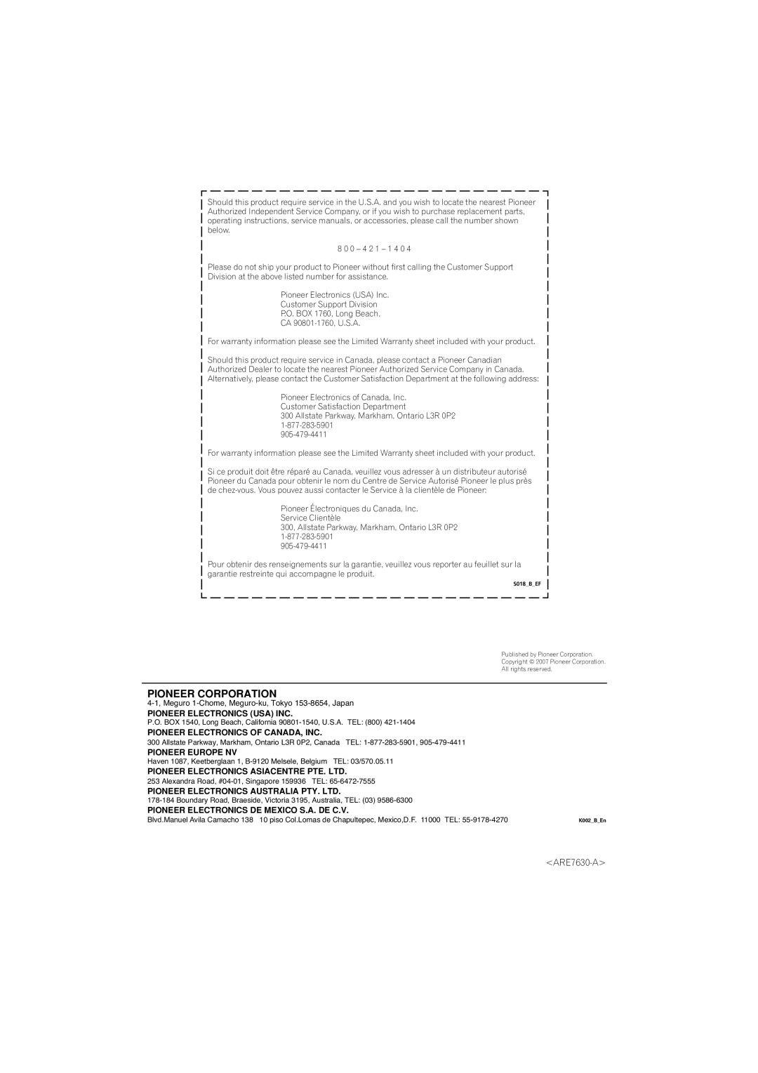 Pioneer SX-SW570, HTS-570 operating instructions Pioneer Corporation 