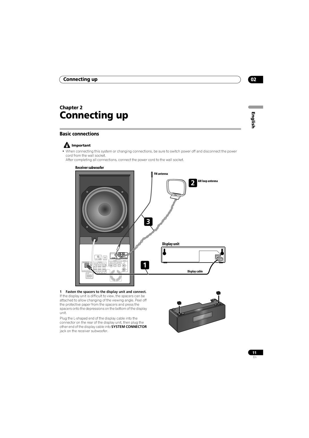 Pioneer SX-SW570, HTS-570 Connecting up Chapter, Basic connections, Receiver subwoofer, Display unit, English 