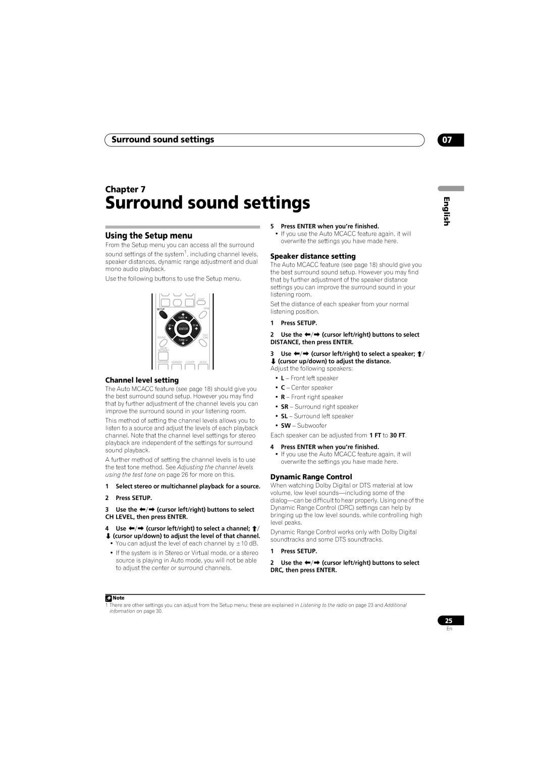 Pioneer SX-SW570, HTS-570 Surround sound settings Chapter, Using the Setup menu, Speaker distance setting, English 