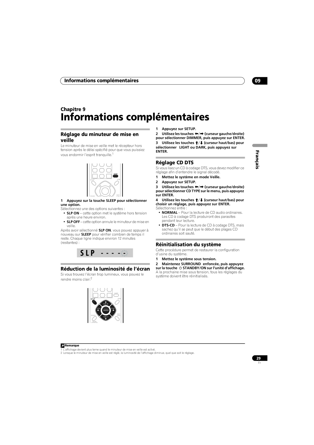 Pioneer SX-SW570 Informations complémentaires Chapitre, Réglage du minuteur de mise en veille, Réglage CD DTS, S L P 
