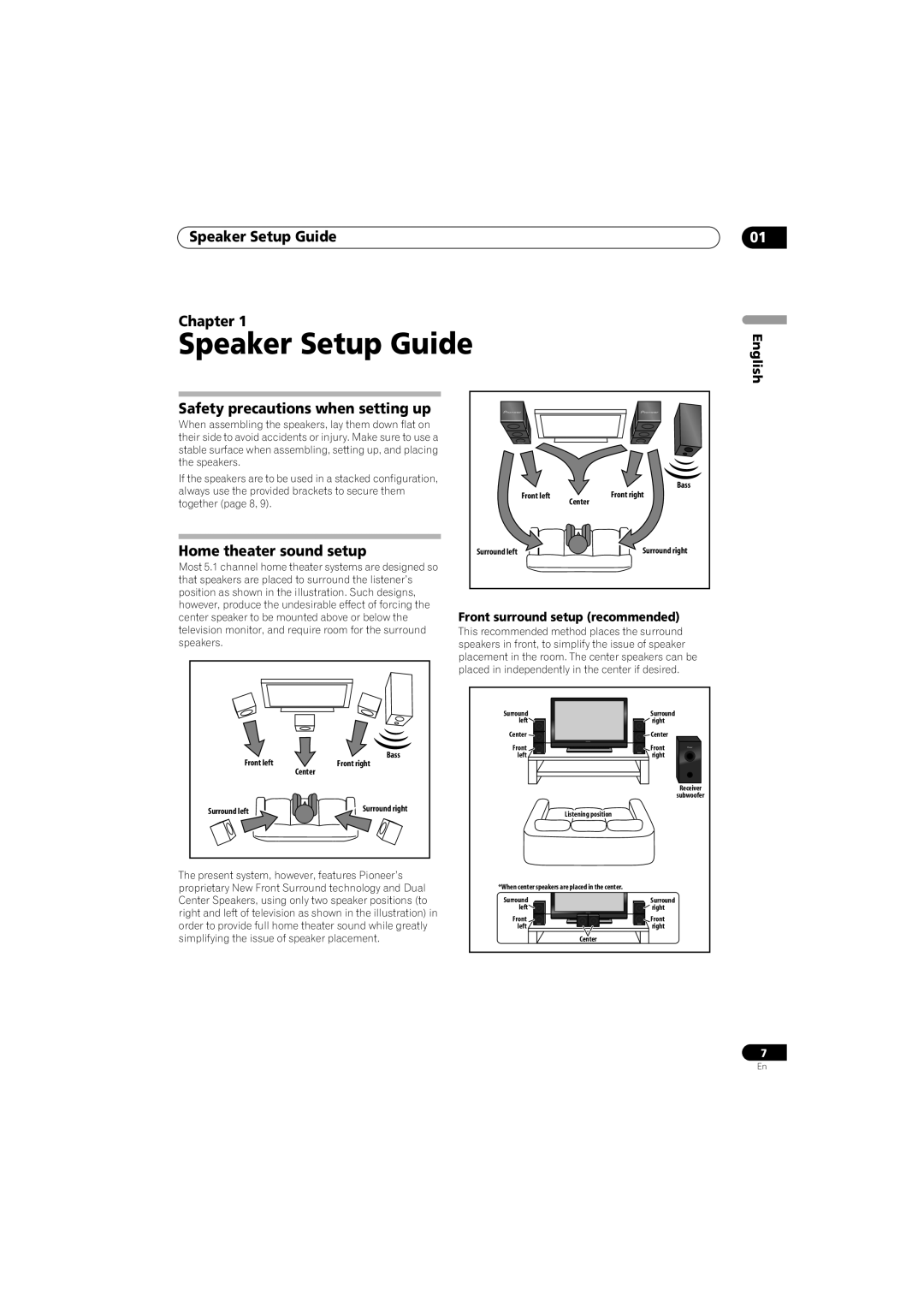 Pioneer SX-SW570 Speaker Setup Guide Chapter, Safety precautions when setting up, Home theater sound setup, English 
