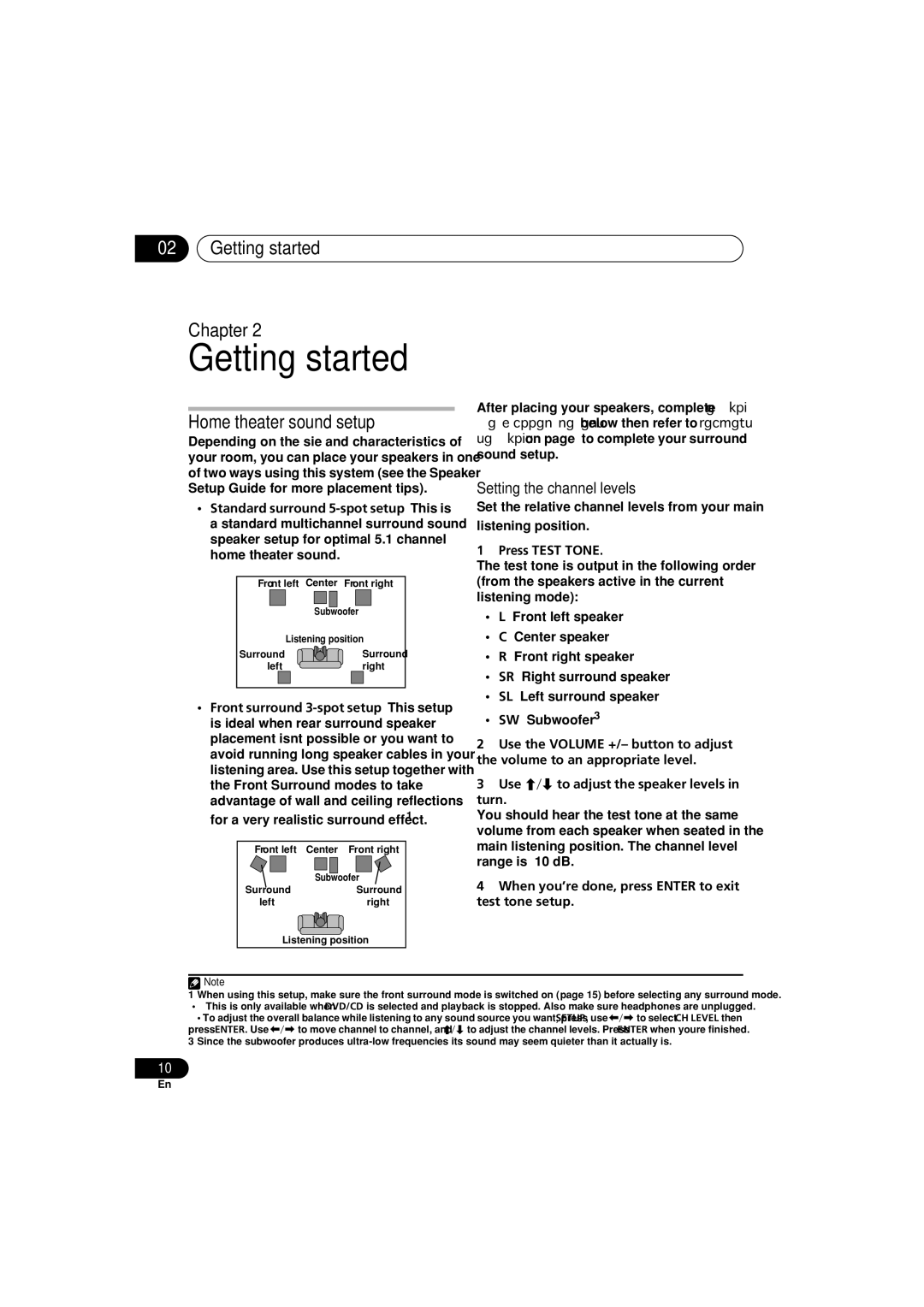 Pioneer HTZ-360DV manual Getting started Chapter, Home theater sound setup, Setting the channel levels 