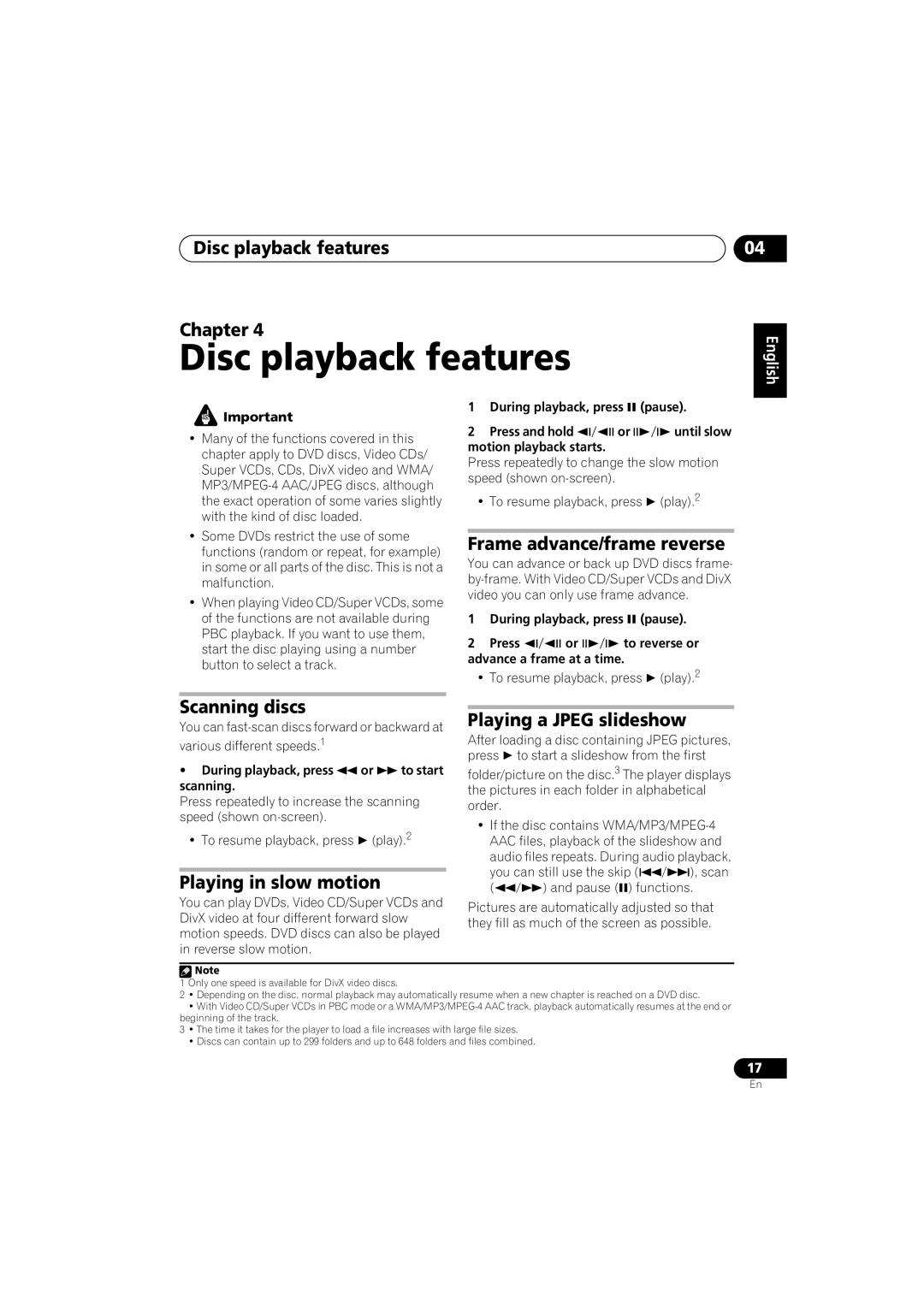 Pioneer HTZ-360DV Disc playback features Chapter, Frame advance/frame reverse, Scanning discs Playing a Jpeg slideshow 