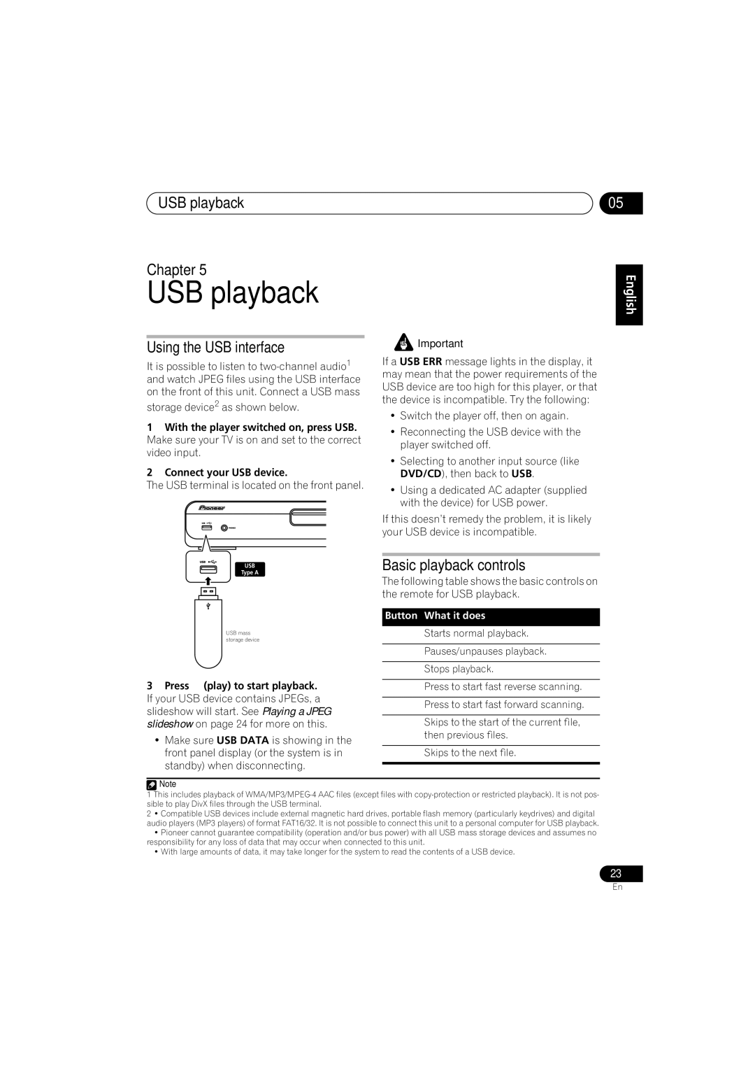 Pioneer HTZ-360DV manual USB playback Chapter, Using the USB interface, Basic playback controls 