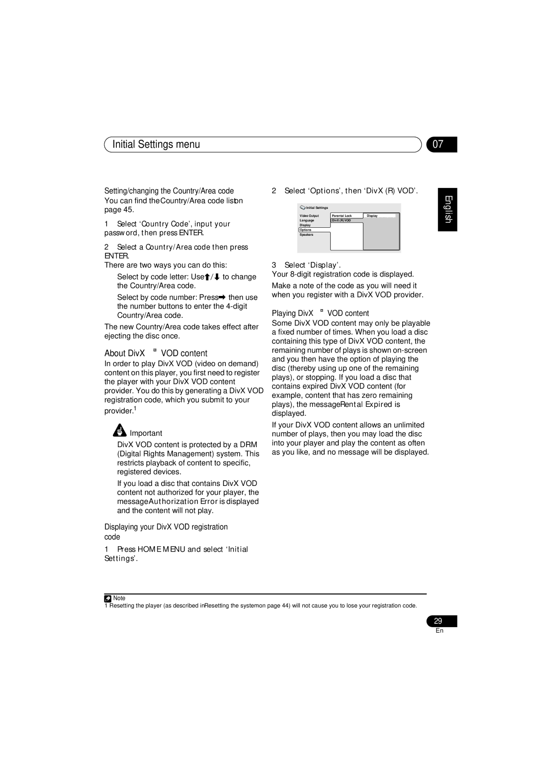 Pioneer HTZ-360DV manual About DivX VOD content, Setting/changing the Country/Area code, Playing DivX VOD content 