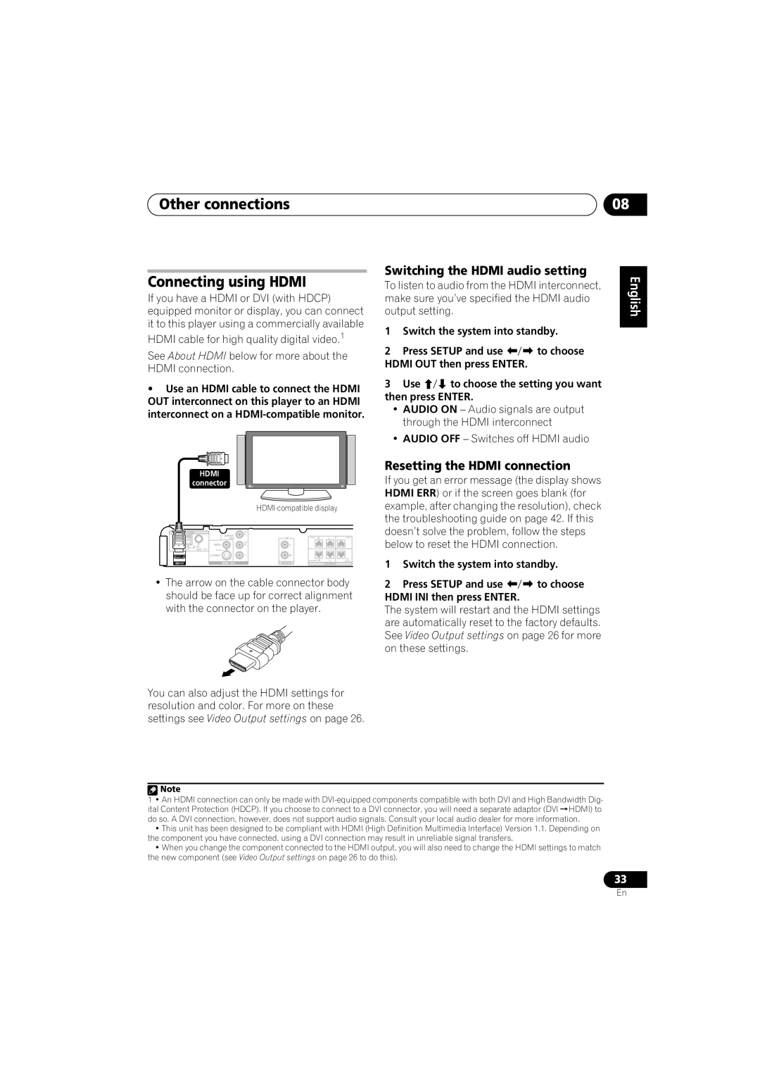 Pioneer HTZ-360DV Other connections Connecting using Hdmi, Switching the Hdmi audio setting, Resetting the Hdmi connection 