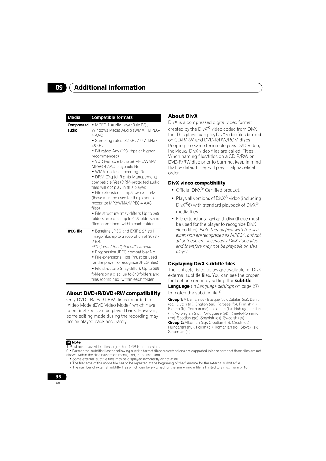 Pioneer HTZ-360DV manual Additional information, About DivX, About DVD+R/DVD+RW compatibility, DivX video compatibility 