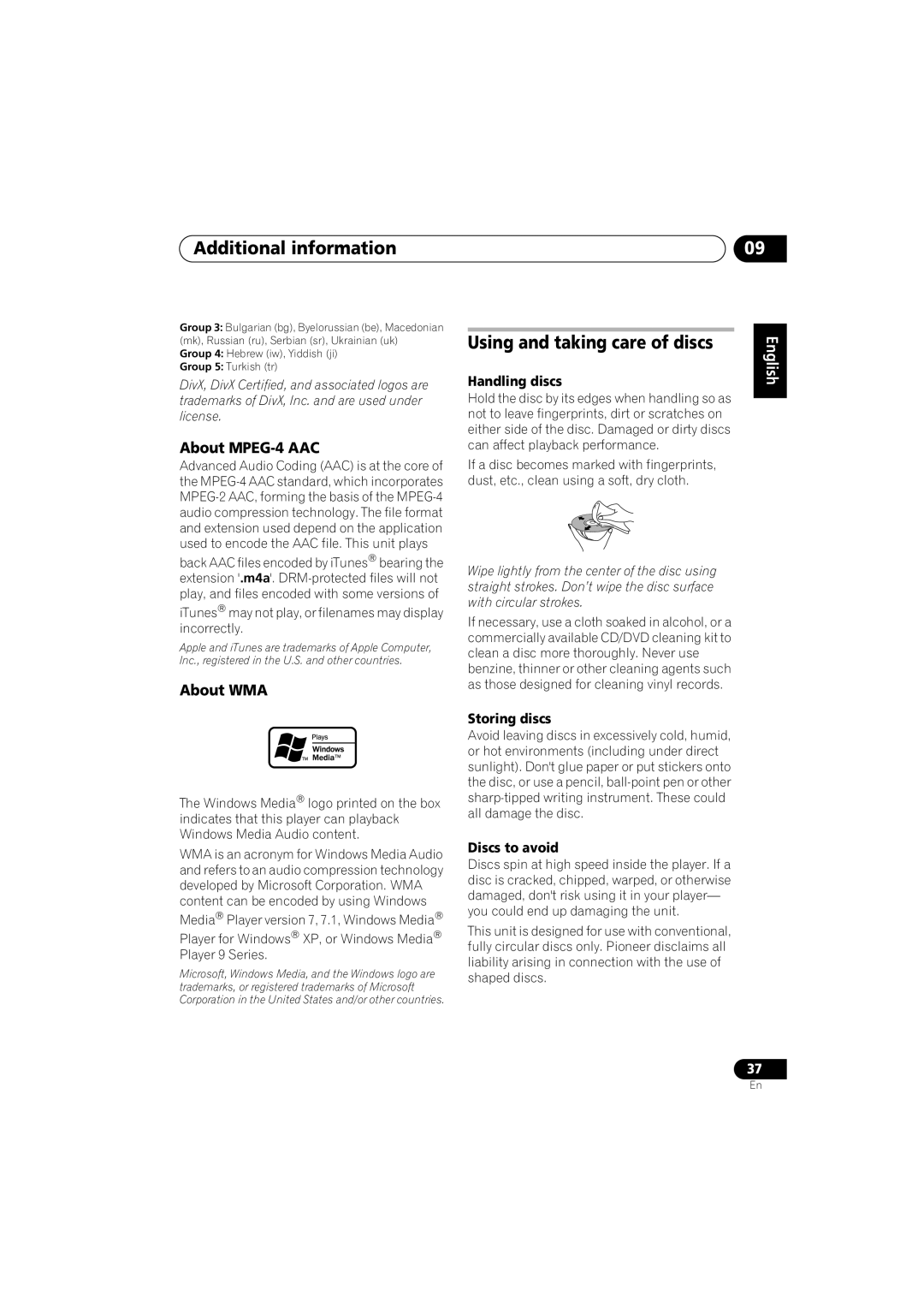 Pioneer HTZ-360DV manual Using and taking care of discs, About MPEG-4 AAC, About WMA 
