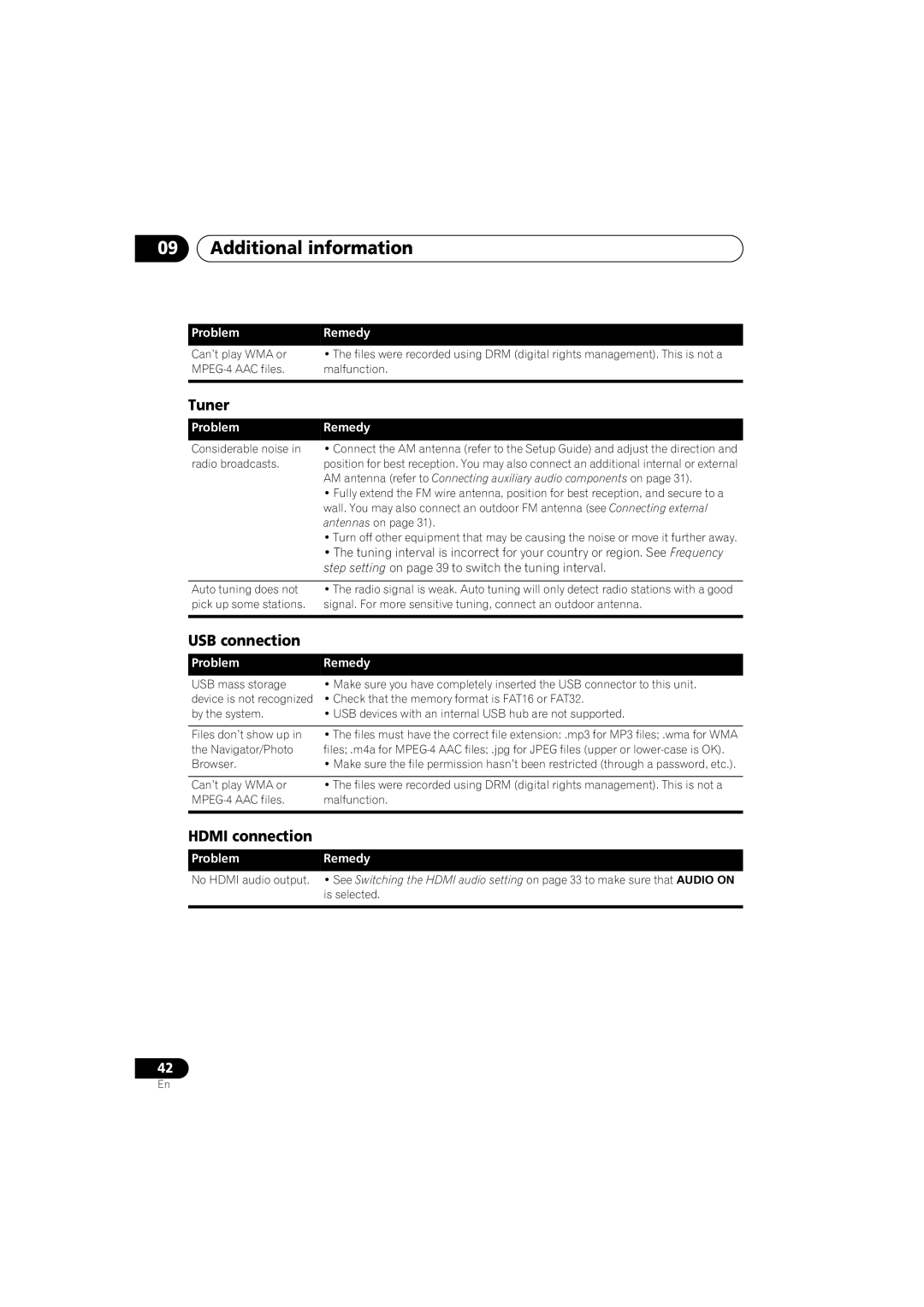 Pioneer HTZ-360DV manual Tuner, USB connection, Hdmi connection, Step setting on page 39 to switch the tuning interval 