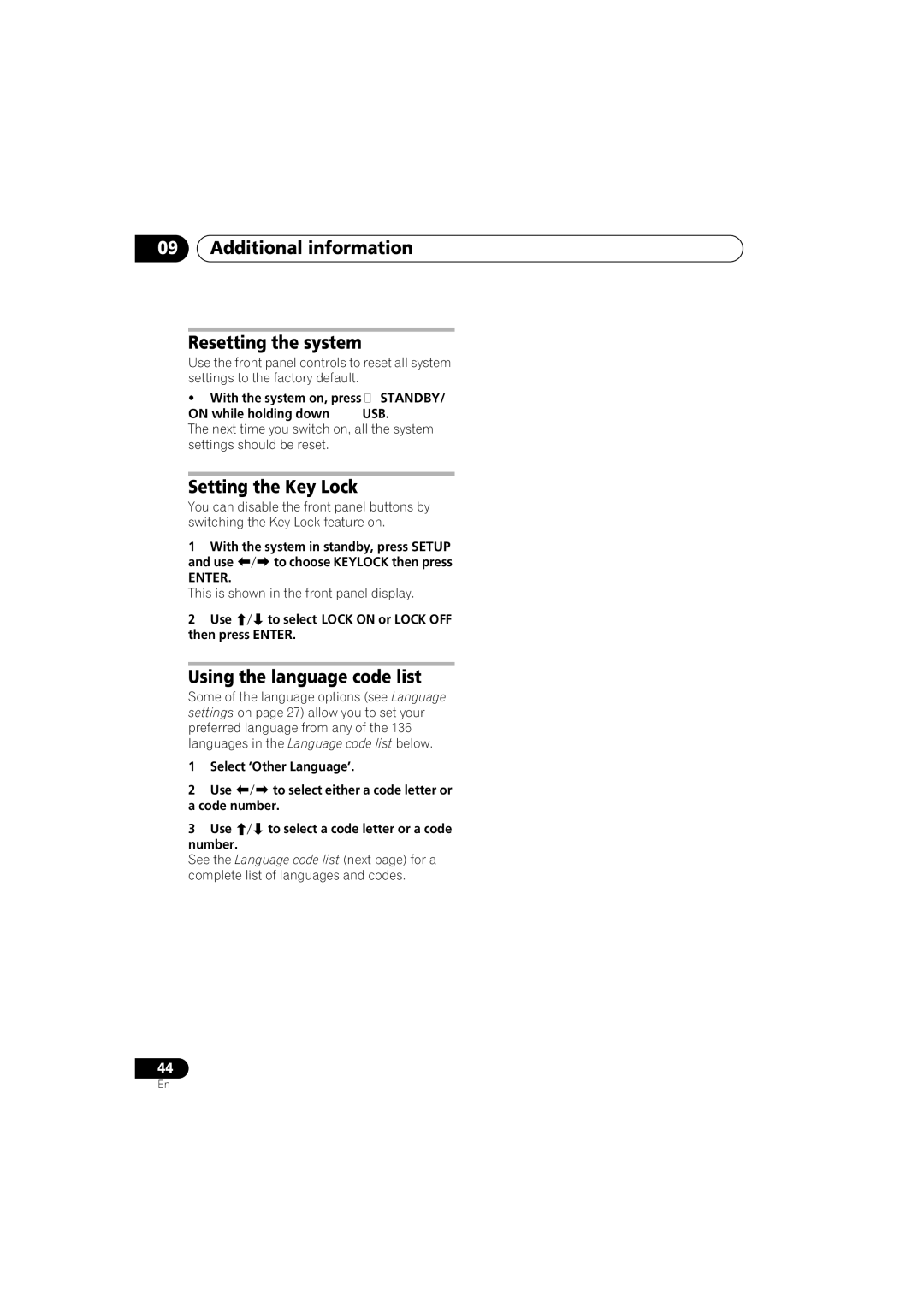 Pioneer HTZ-360DV manual Additional information Resetting the system, Setting the Key Lock, Using the language code list 