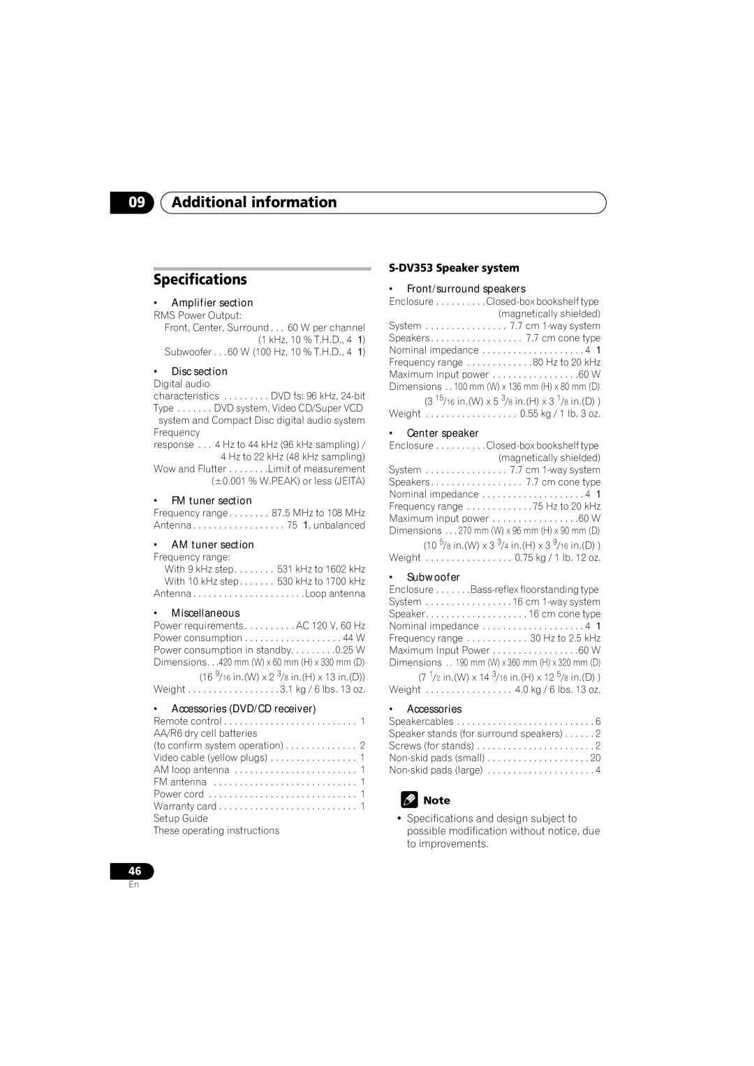 Pioneer HTZ-360DV manual Additional information Specifications, DV353 Speaker system 