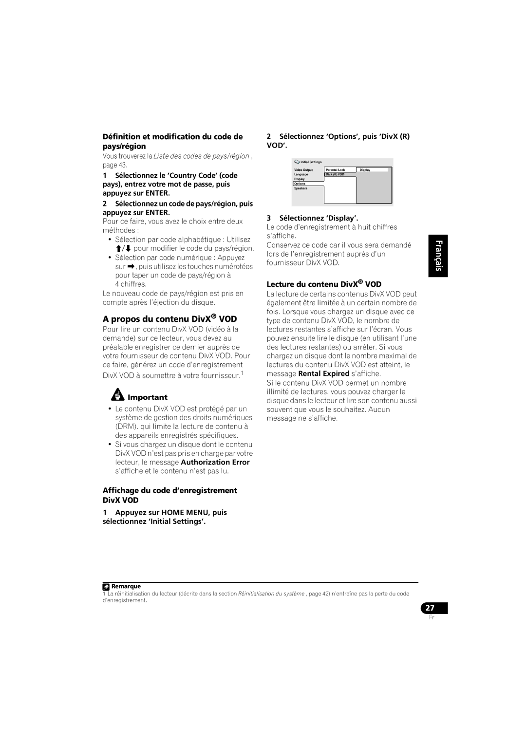 Pioneer HTZ-360DV manual Propos du contenu DivX VOD, Définition et modification du code de pays/région 