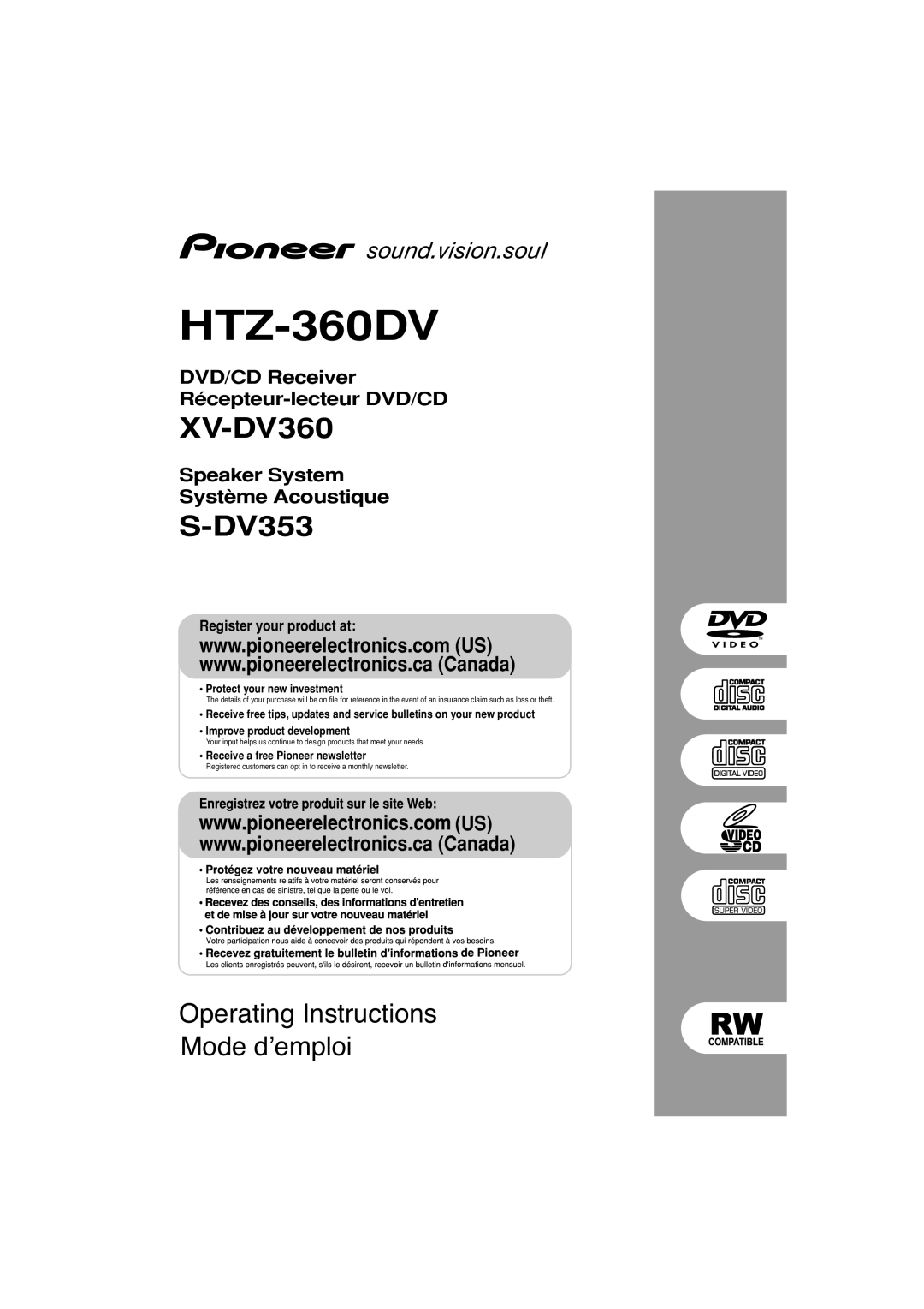 Pioneer HTZ-360DV manual Register your product at, XV-DV360, S-DV353, Operating Instructions Mode d’emploi 