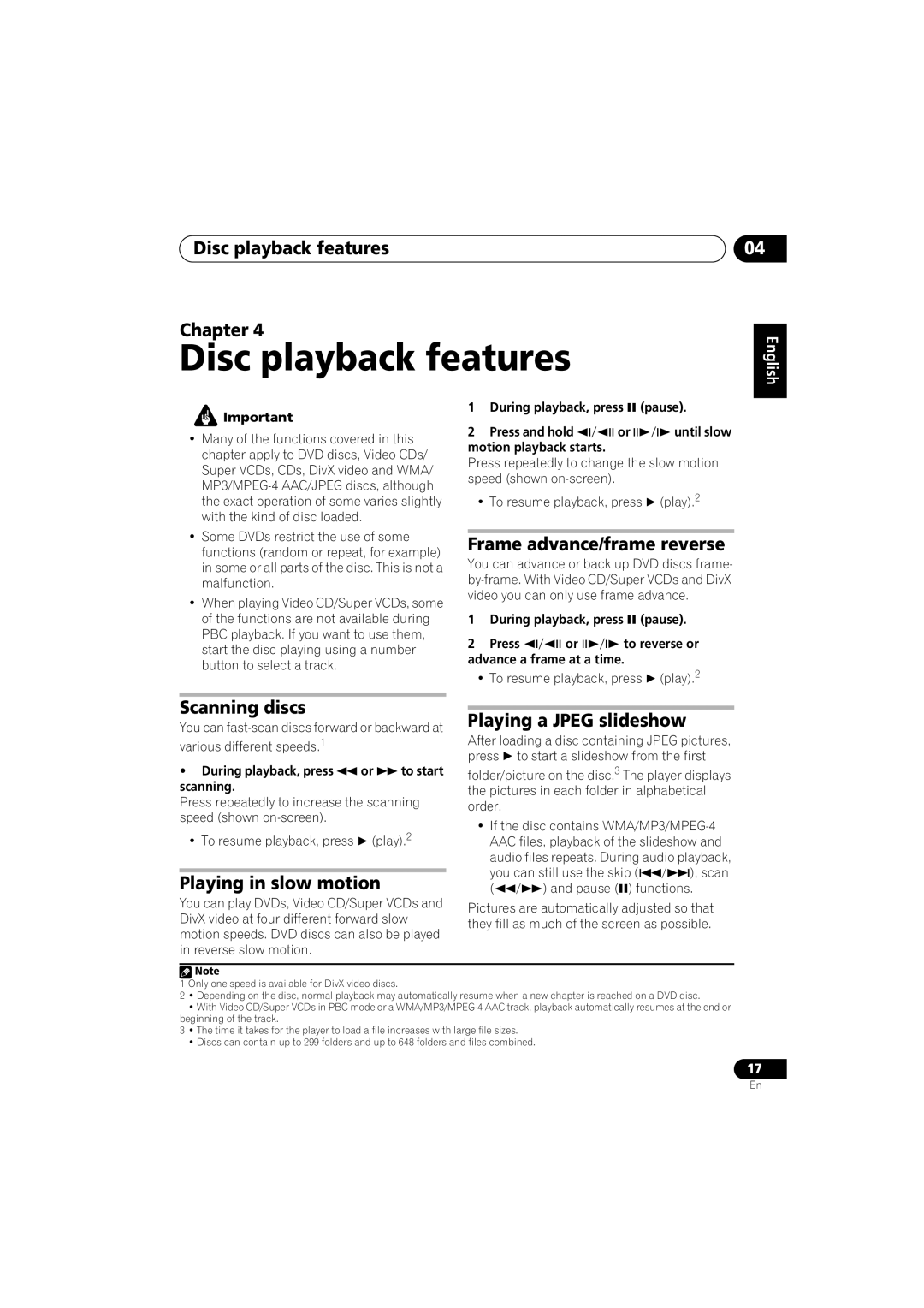 Pioneer HTZ-360DV Disc playback features Chapter, Frame advance/frame reverse, Scanning discs, Playing in slow motion 