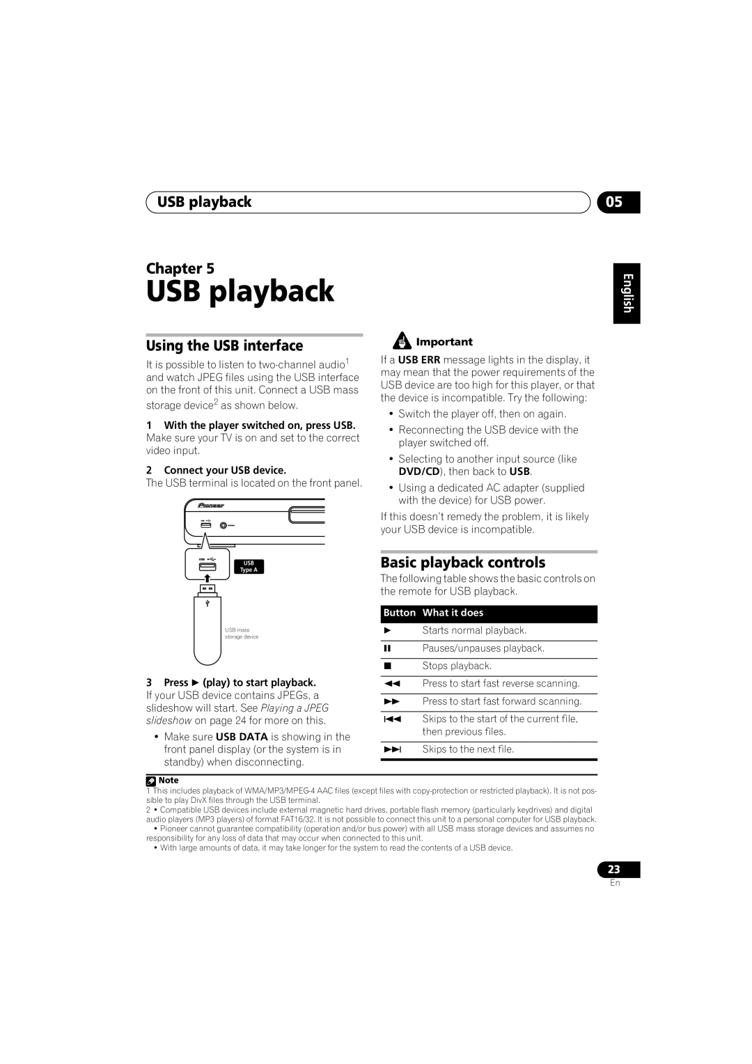 Pioneer HTZ-360DV manual USB playback Chapter, Using the USB interface, Basic playback controls, Button What it does 