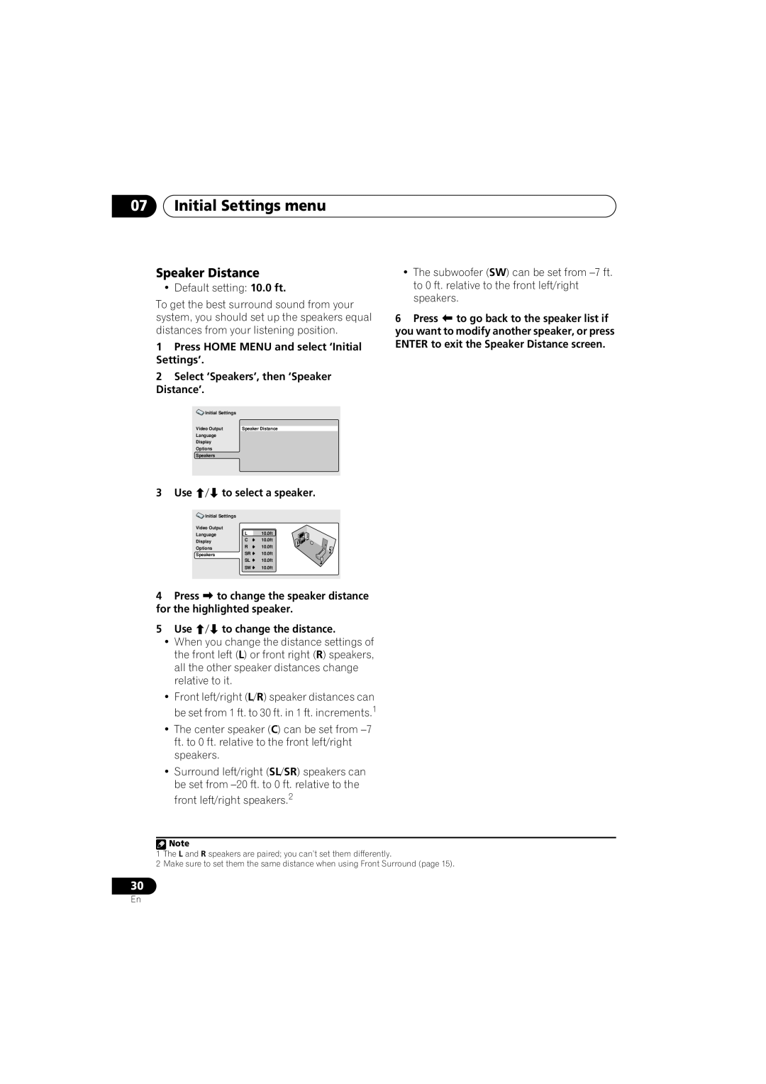 Pioneer HTZ-360DV manual 07Initial Settings menu, Speaker Distance 