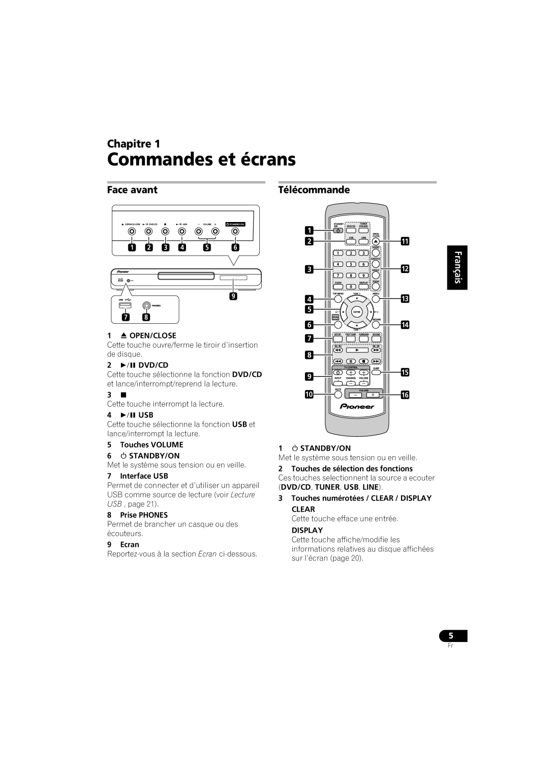 Pioneer HTZ-360DV manual Commandes et écrans, Chapitre, Face avant, Télécommande, English Français 