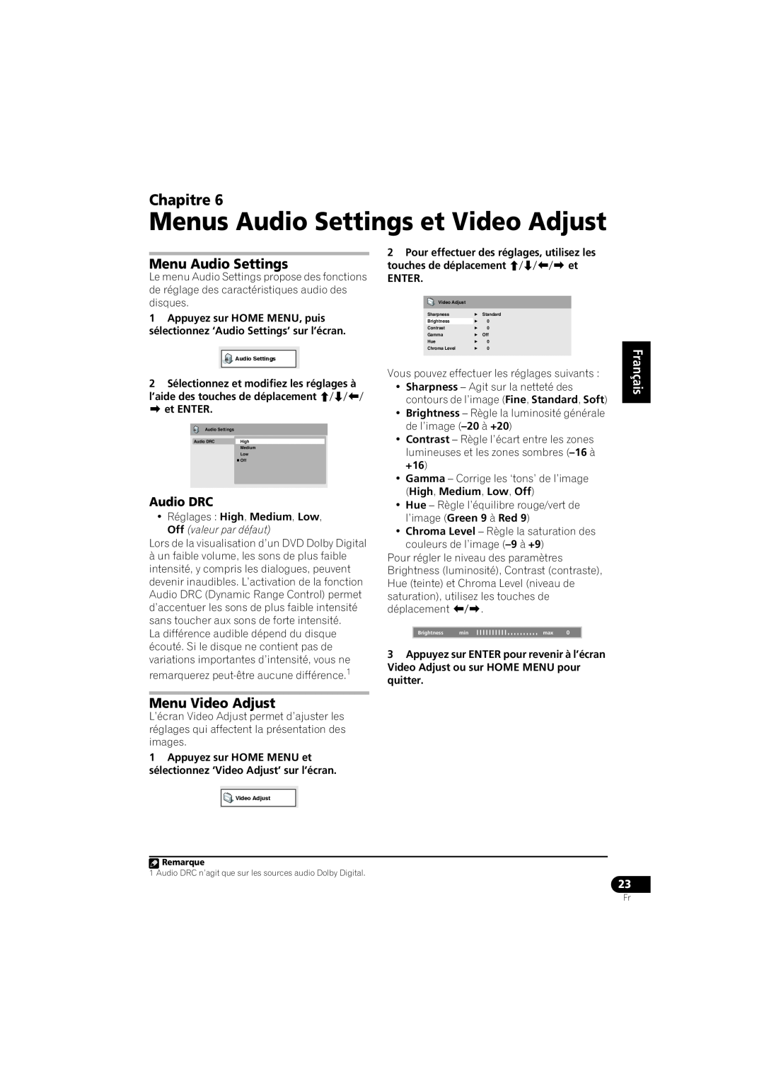 Pioneer HTZ-360DV manual Menus Audio Settings et Video Adjust, Menu Audio Settings, Menu Video Adjust, Chapitre, Audio DRC 